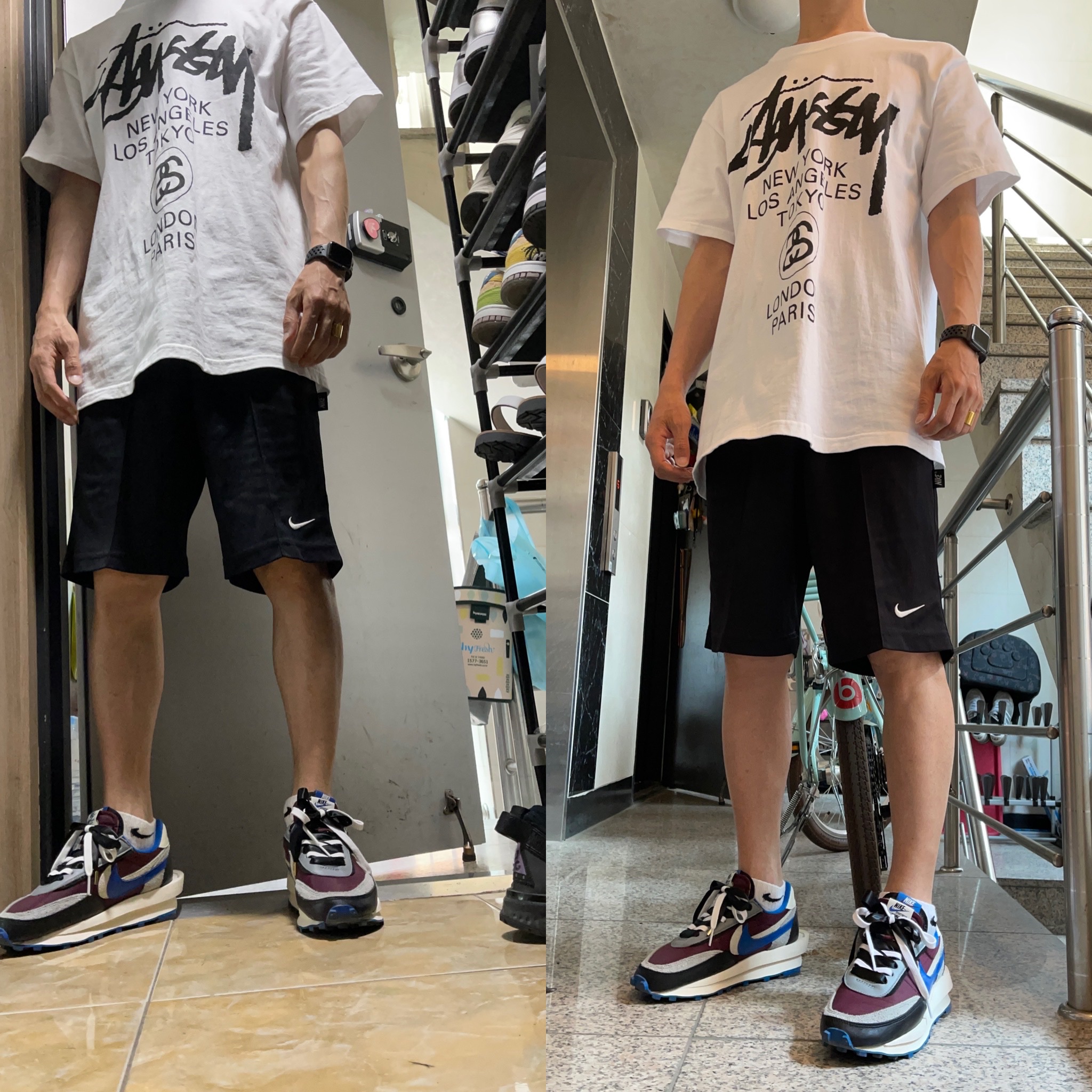 Stussy World Tour T-Shirt White, Nike x Sacai x Undercover LDWaffle Night Maroon Team Royal 착용 스타일 - 1