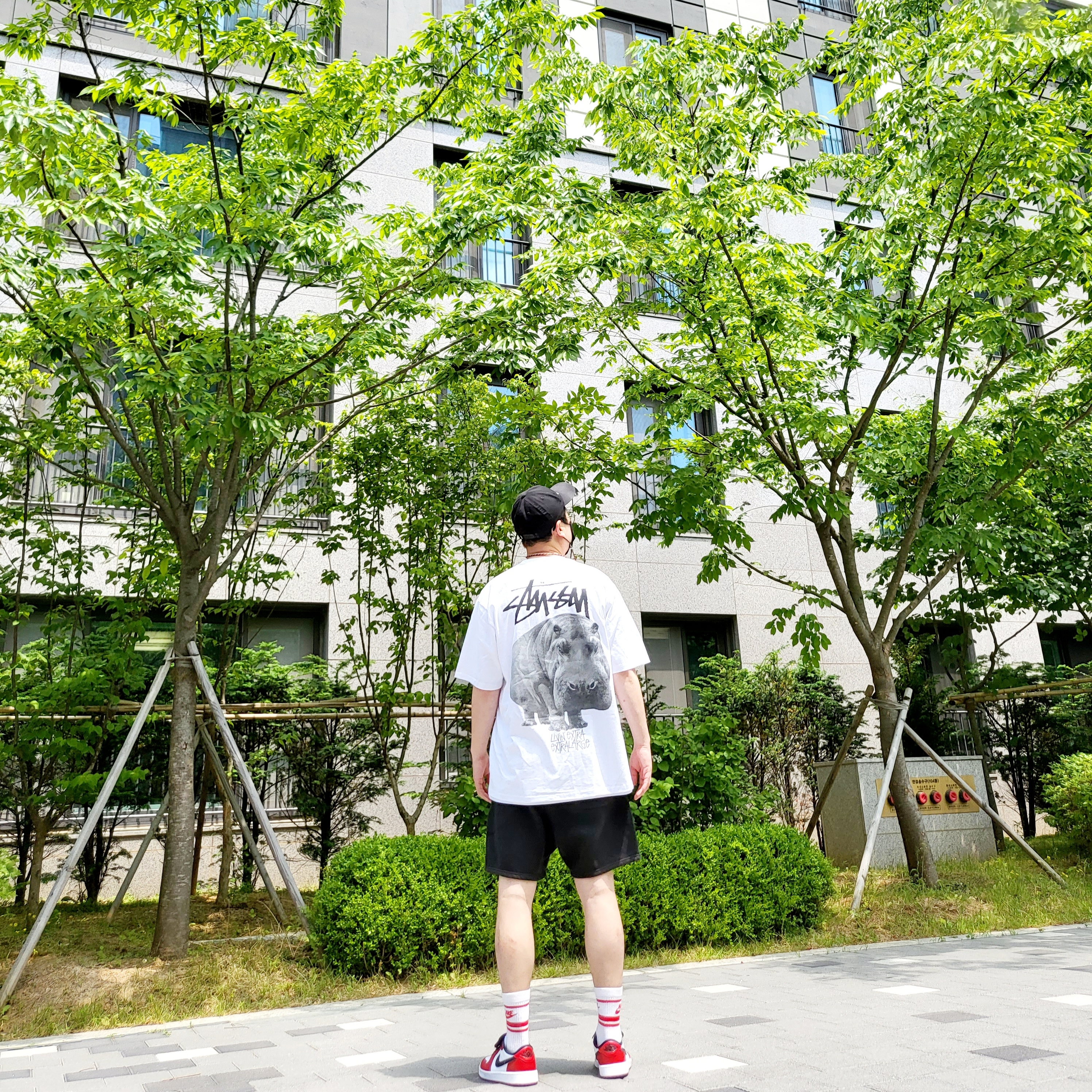 Stussy 93 Slick Crown Low Pro Cap Black, Stussy Livin' Large T-Shirt White 착용 스타일 - 2