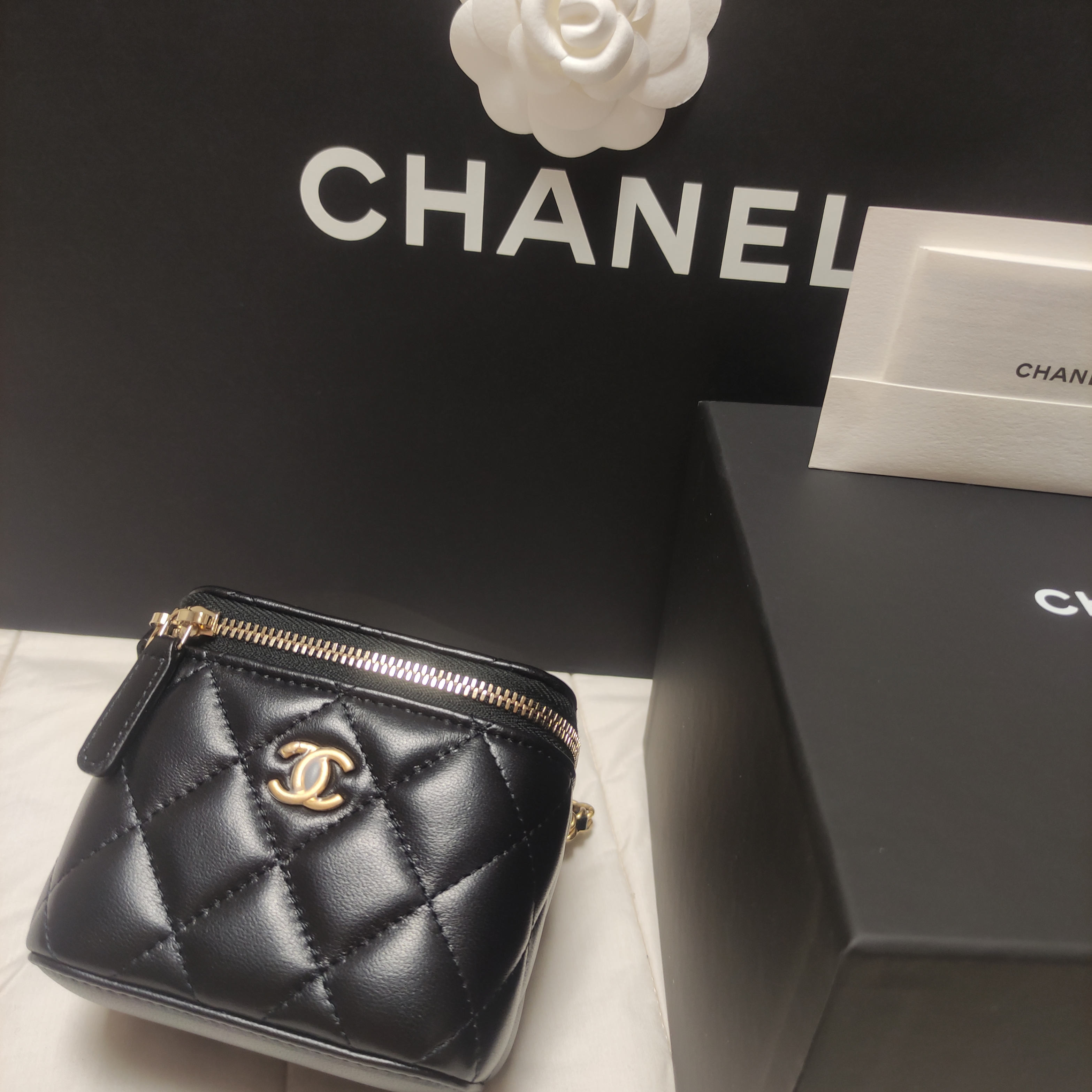 Chanel Small Vanity with Chain Lambskin & Gold Black 착용 스타일 - 1