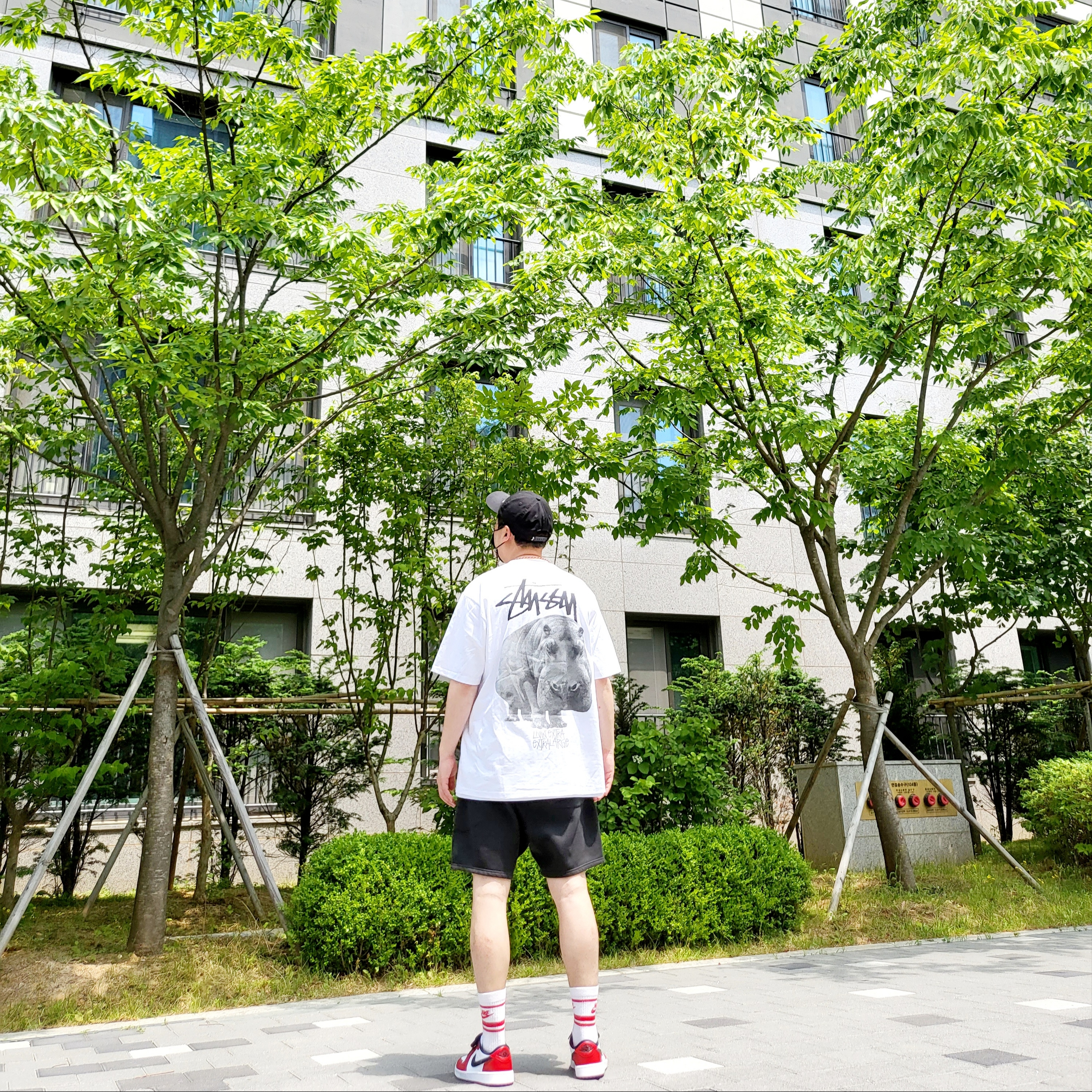 Stussy 93 Slick Crown Low Pro Cap Black, Stussy Livin' Large T-Shirt White 착용 스타일 - 1