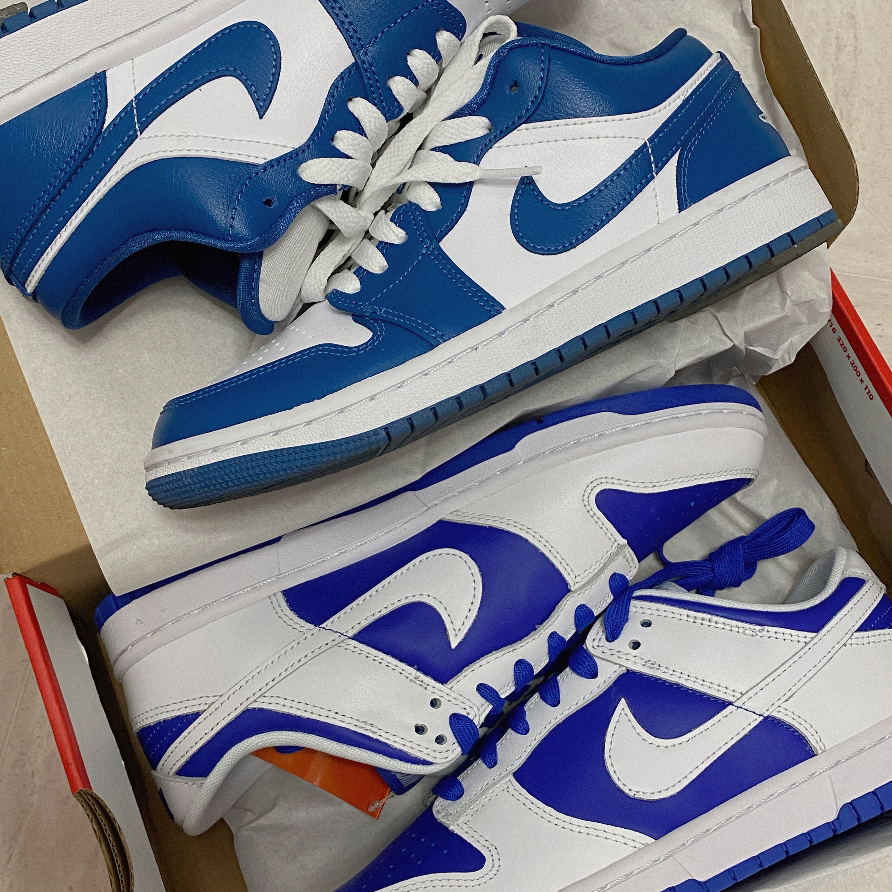 (W) Jordan 1 Low White Dark Marina Blue, Nike Dunk Low Retro Racer Blue and White 착용 스타일