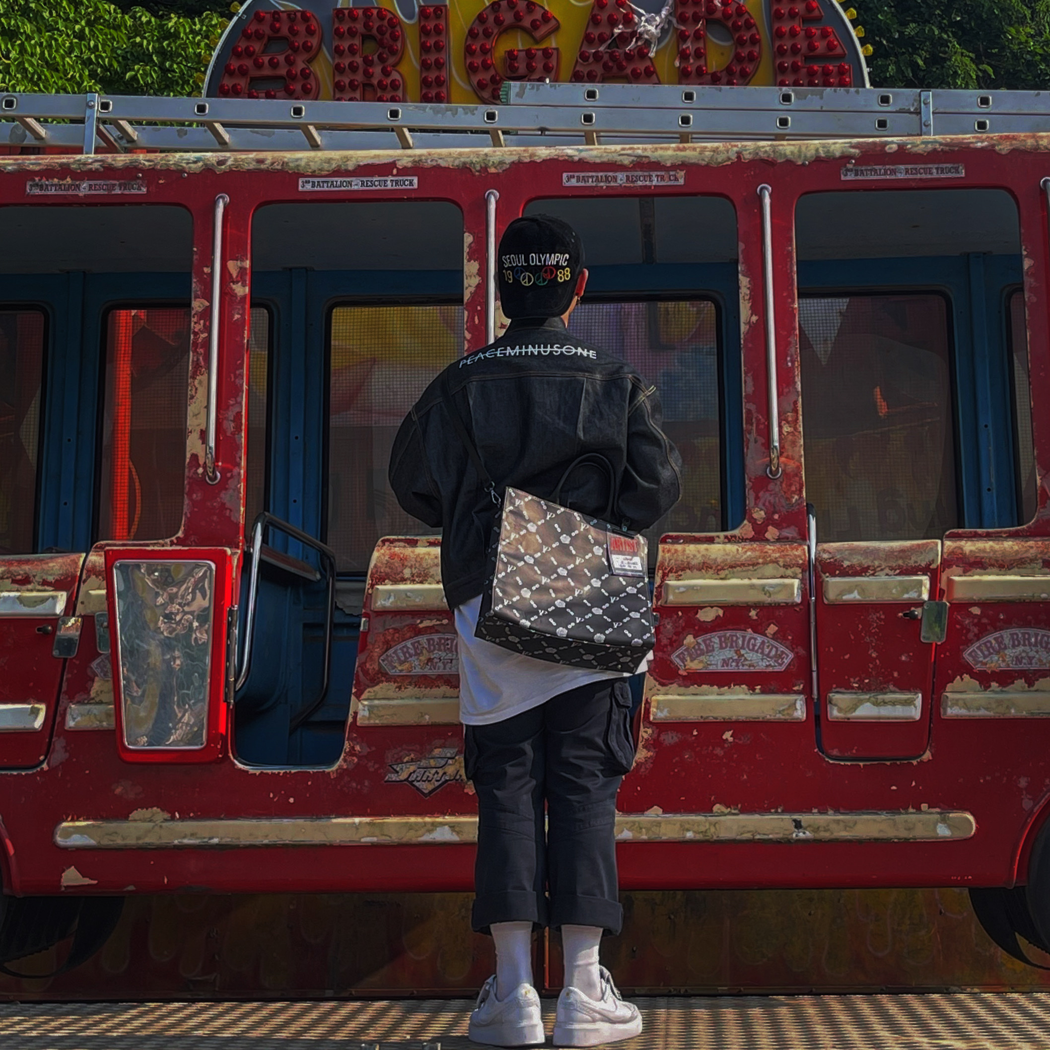 Peaceminusone Denim Jacket #1 Indigo, Nike x Peaceminusone Kwondo1 White 착용 스타일