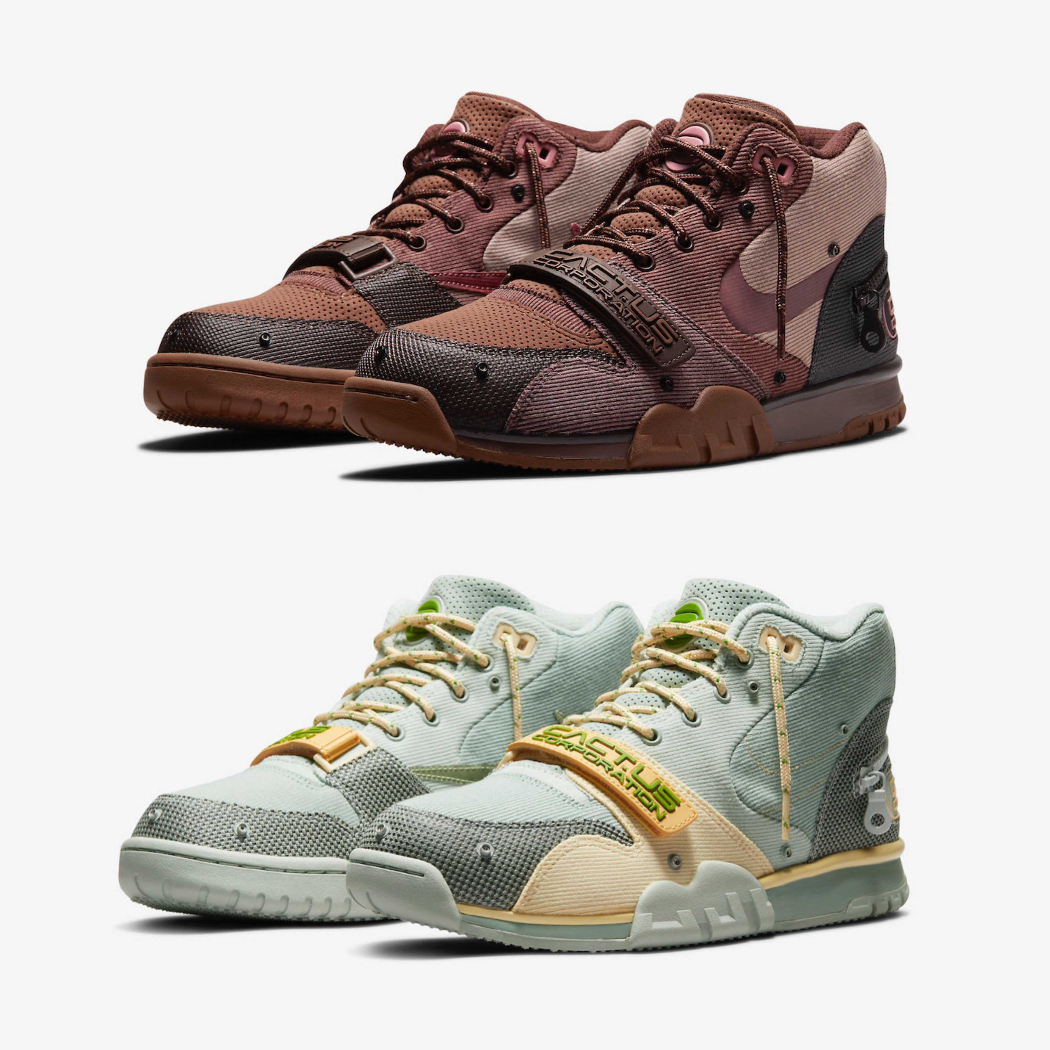 Nike x Travis Scott Air Trainer 1 Archaeo Brown and Rust Pink, Nike x Travis Scott Nike Air Trainer 1 Grey Haze and Dusty Sage 착용 스타일 - 2