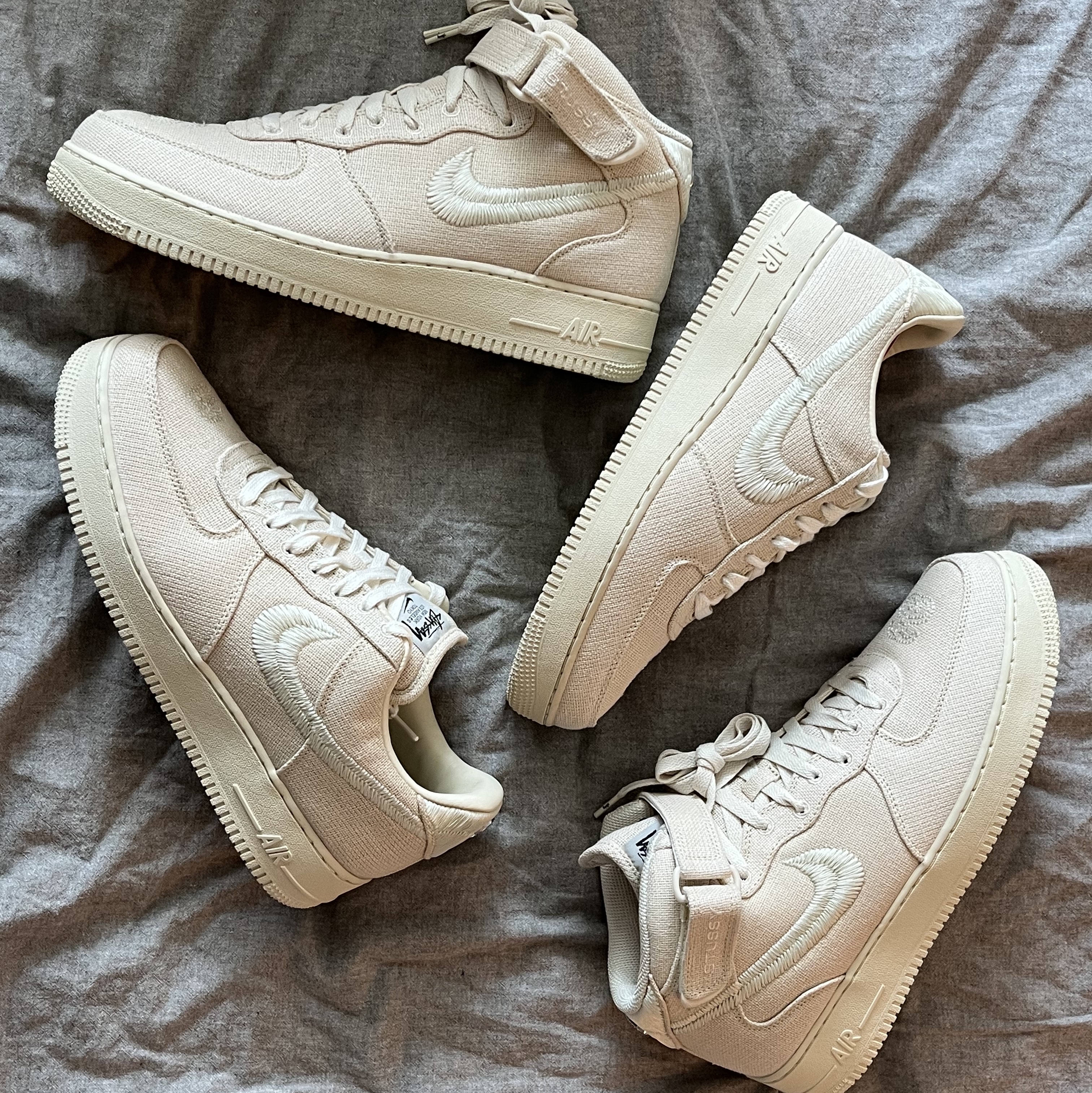 Nike x Stussy Air Force 1 '07 Mid SP Fossil, Nike x Stussy Air Force 1 Low Fossil 착용 스타일