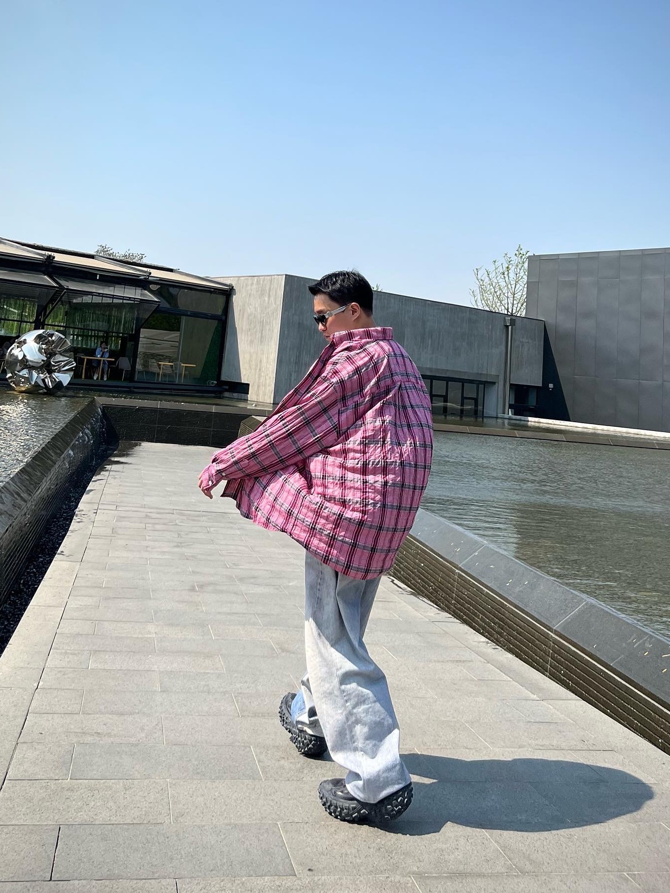 Our Legacy Borrowed BD Shirt Cerise Memory Check, (W) Our Legacy Full Cut Digital Denim Print 착용 스타일 - 3