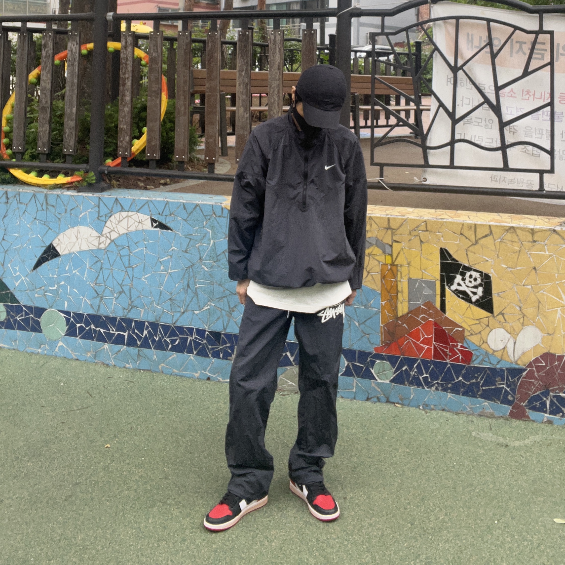 Jordan 1 Retro High OG Heritage, Nike x Stussy Beach Pants Off Noir 착용 스타일