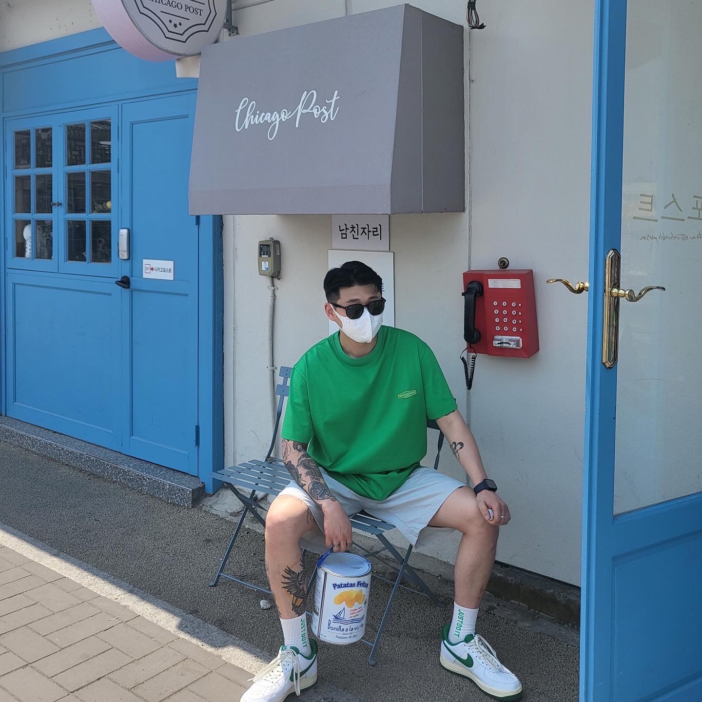Nike Air Force 1 '07 LV8 Varsity White Pine Green, Wooyoungmi Yellow Back Logo T-Shirt Green - 22SS 착용 스타일 - 3