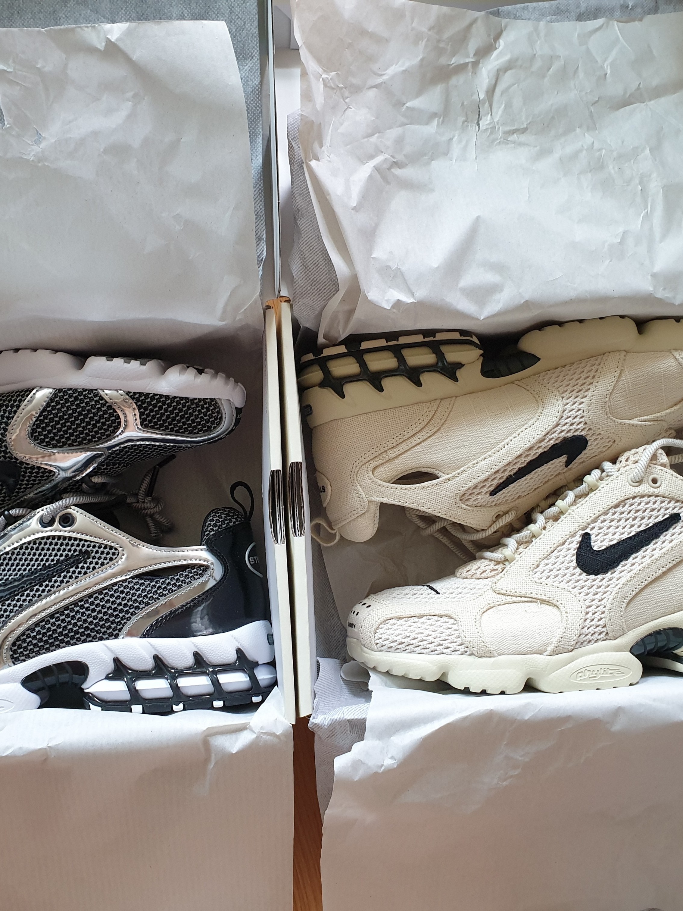 Nike x Stussy Air Zoom Spiridon Cage 2 Fossil, Nike x Stussy Air Zoom Spiridon Cage 2 Pure Platinum 착용 스타일 - 2