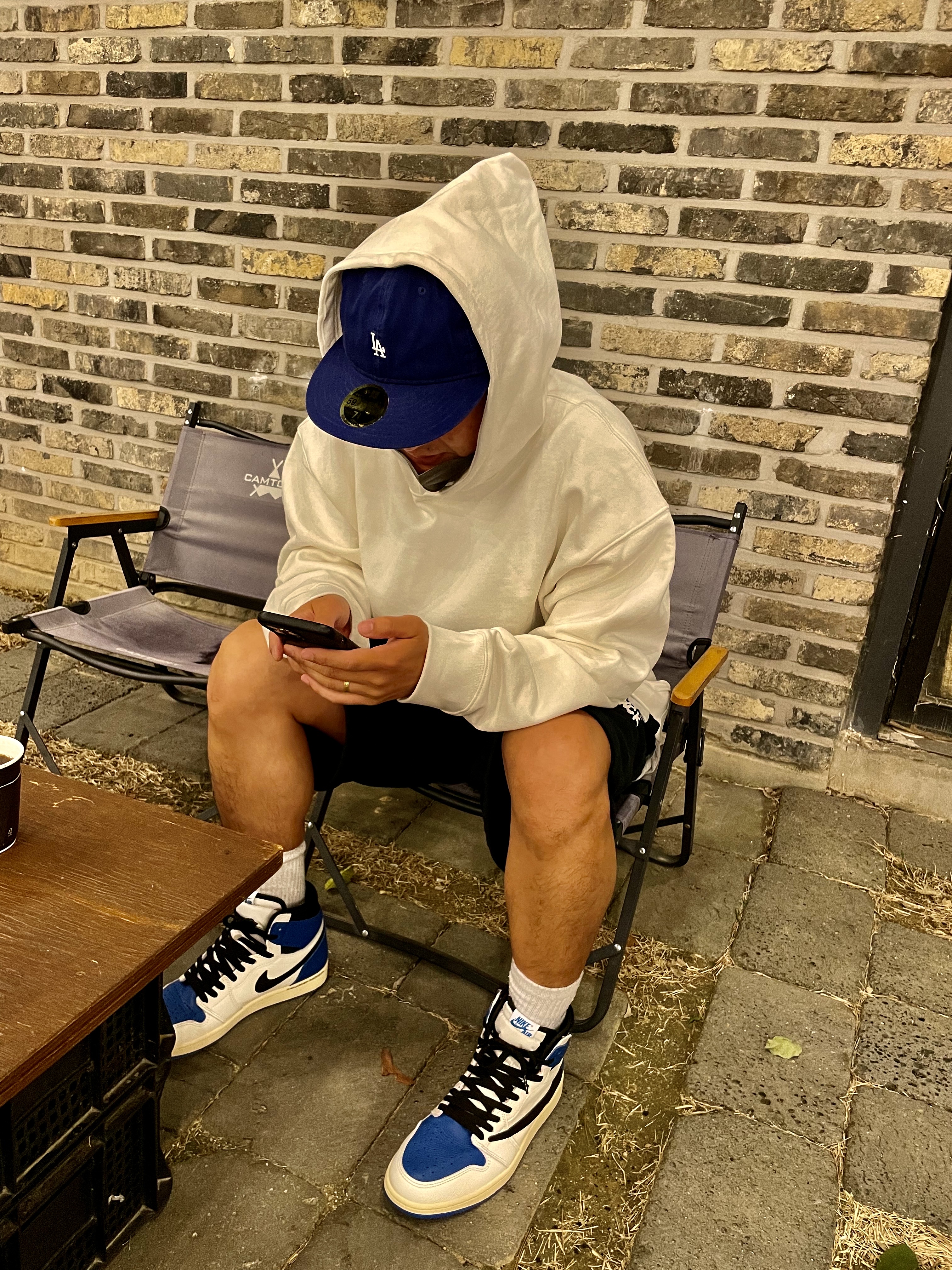 Jordan 1 x Travis Scott x Fragment Retro High OG SP Military Blue, Jordan x Travis Scott x Fragment Shorts Black (DJ0617-010) 착용 스타일 - 3