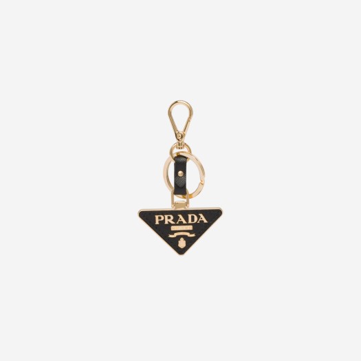 Prada Saffiano Leather Triangle Logo Keychain Black Gold