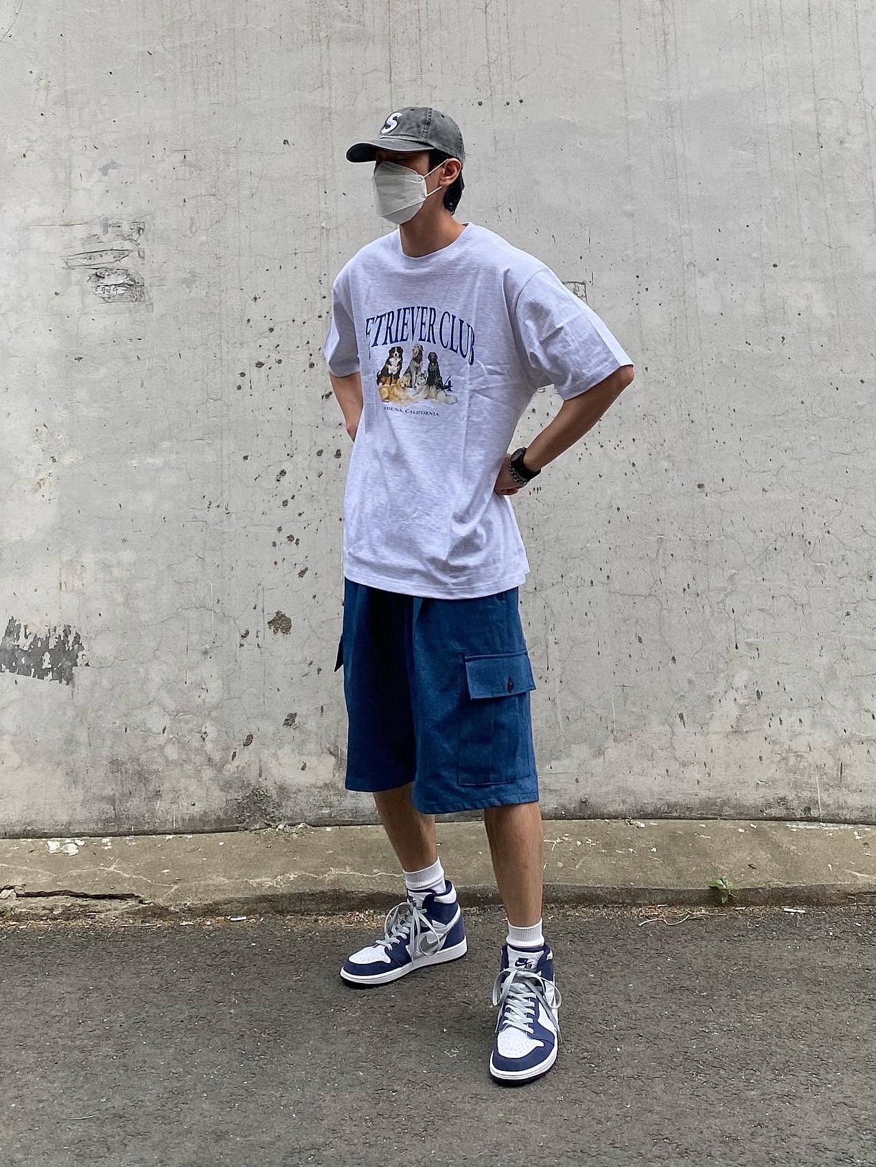 Jordan 1 Retro High OG CO.JP Midnight Navy, Supreme Pigment Print S Logo 6-Panel Black - 20SS 착용 스타일 - 1