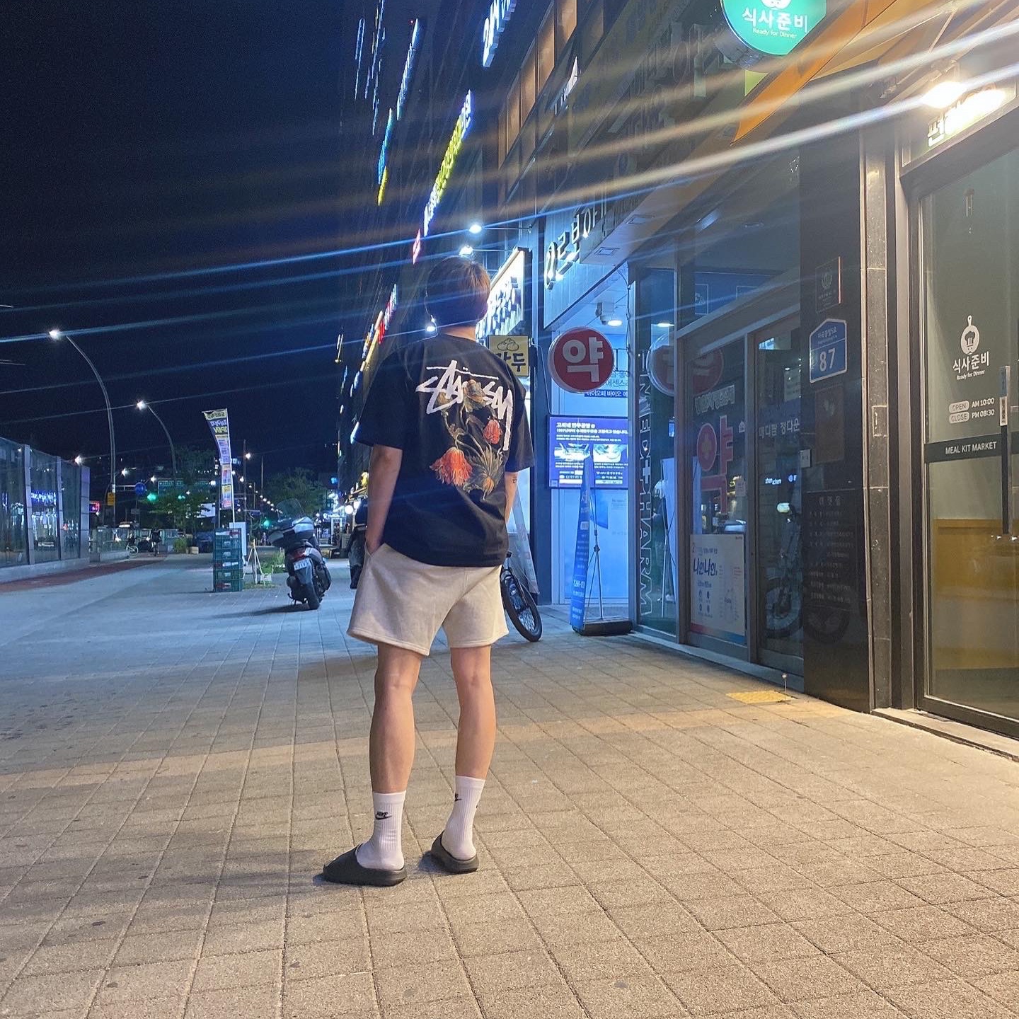 Essentials The Core Collection Sweatshorts Oatmeal, Stussy Withered Flower T-Shirt Black 착용 스타일 - 2