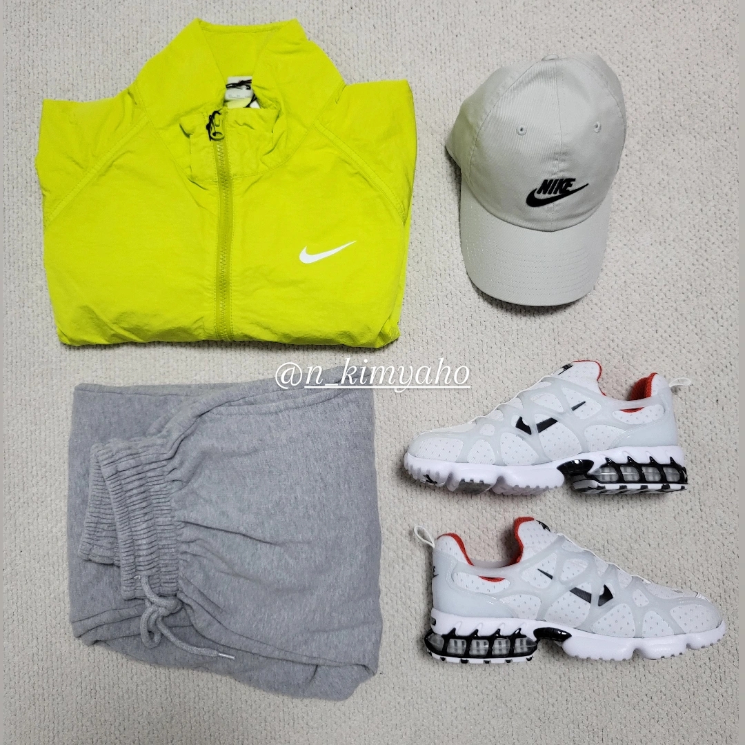 Nike x Stussy Air Zoom Spiridon Kukini White, Nike x Stussy Windrunner Jacket Bright Cactus 착용 스타일