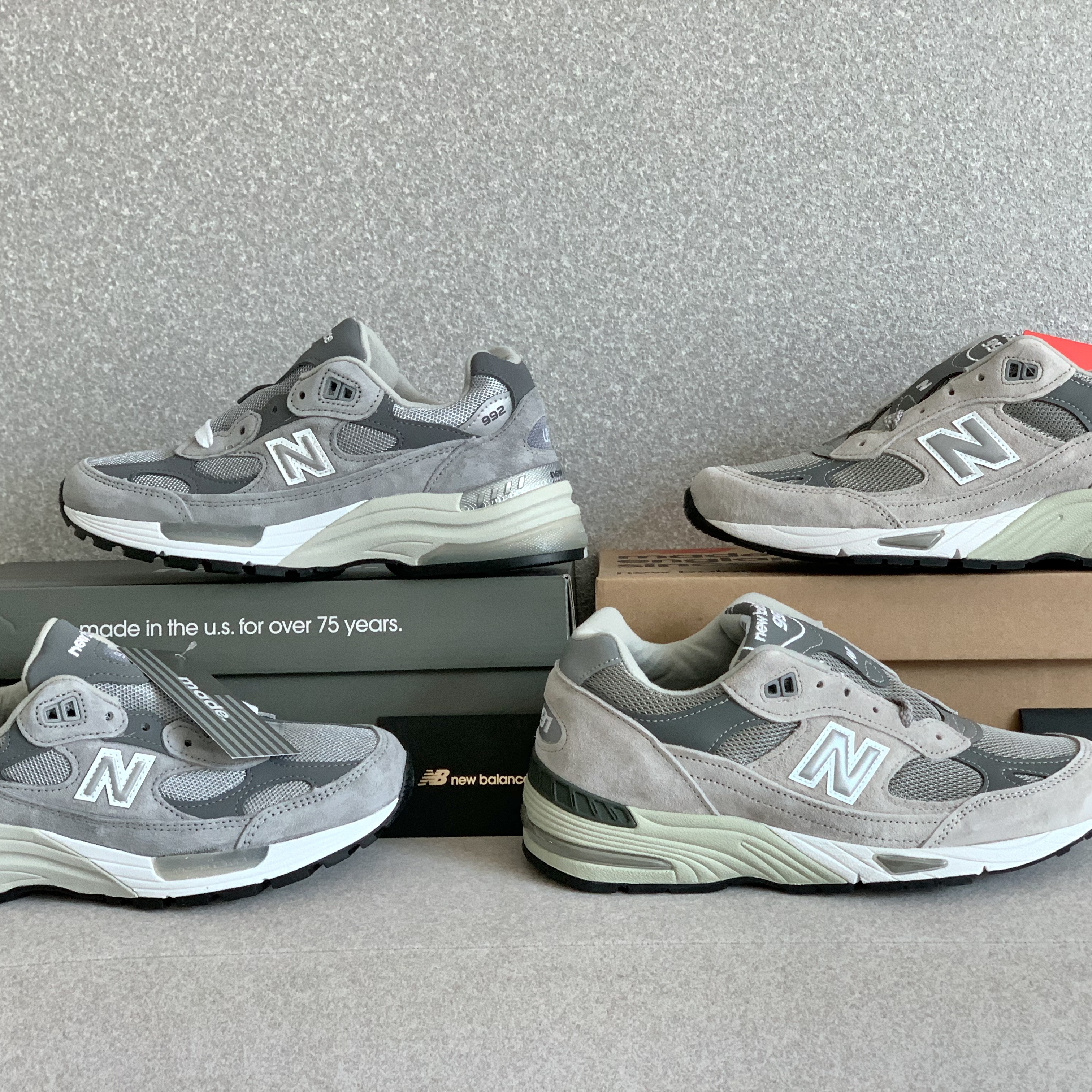 New Balance 992 Made in USA Grey - D Standard, New Balance 991 Made in UK Grey 착용 스타일 - 1