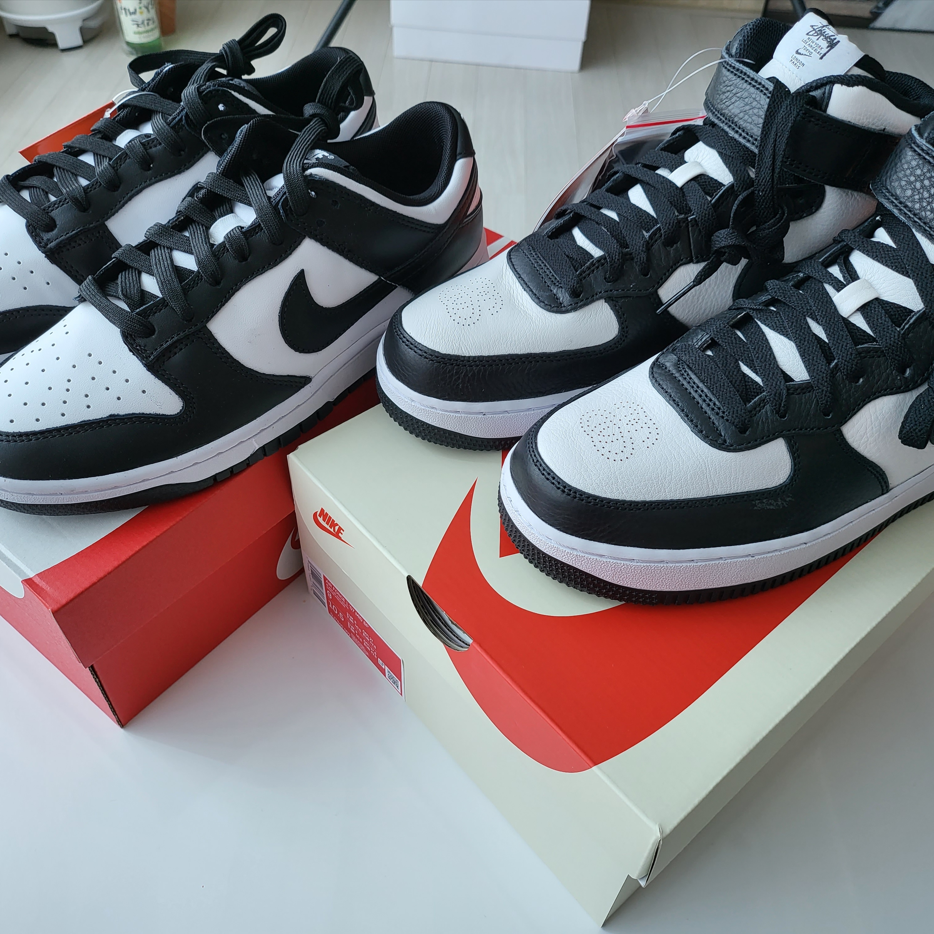 Nike x Stussy Air Force 1 '07 Mid SP Black and Light Bone, Nike Dunk Low Retro Black 착용 스타일