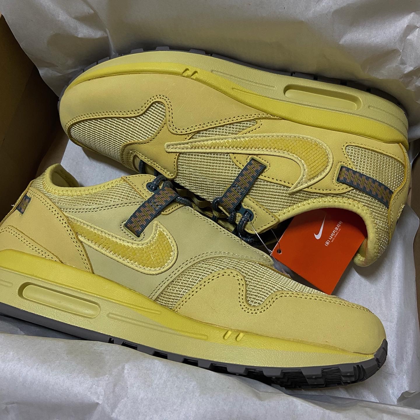 Nike x Travis Scott Air Max 1 Cact.us Brown, Nike x Travis Scott Air Max 1 Cact.us Gold 착용 스타일 - 1