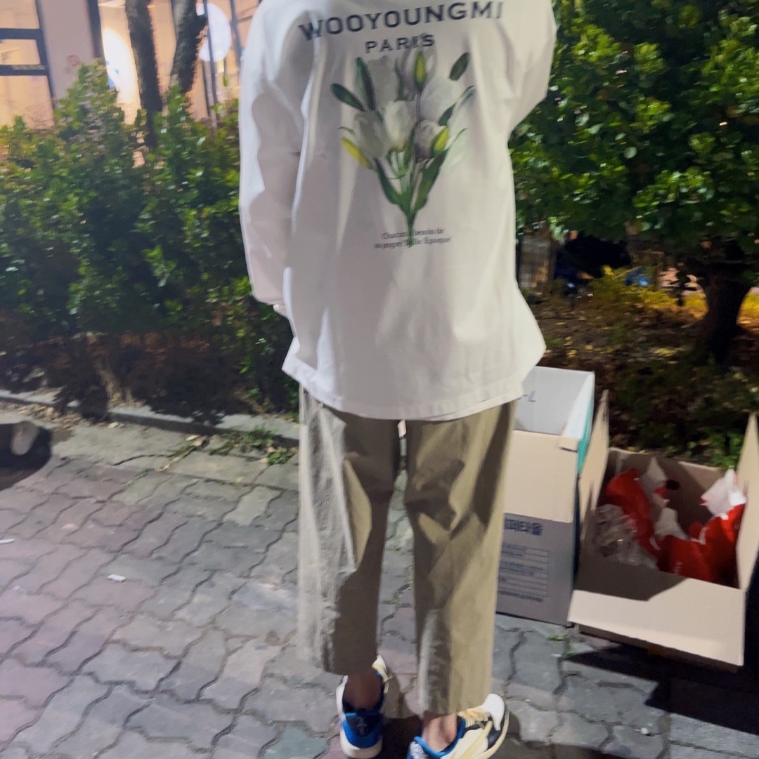 Jordan 1 x Travis Scott x Fragment Retro Low OG SP Military Blue, Wooyoungmi Flower Print Long Sleeve Back Logo T-Shirt White - 22SS 착용 스타일