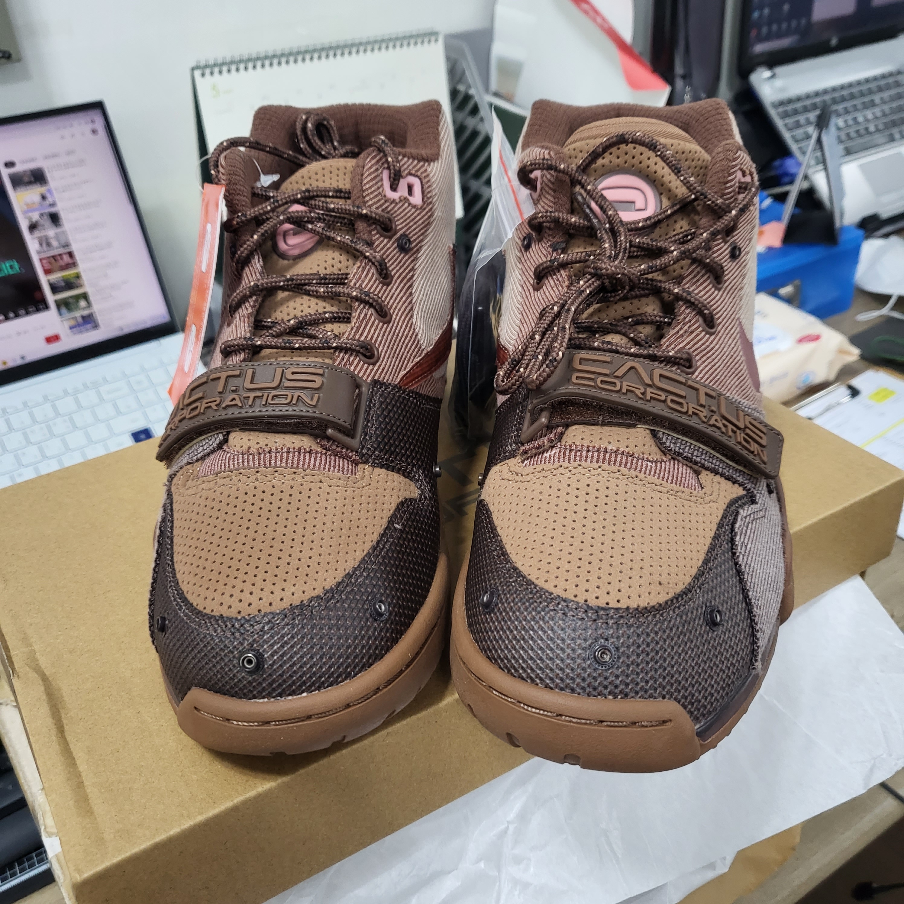 Nike x Travis Scott Air Trainer 1 Archaeo Brown and Rust Pink 착용 스타일 - 1