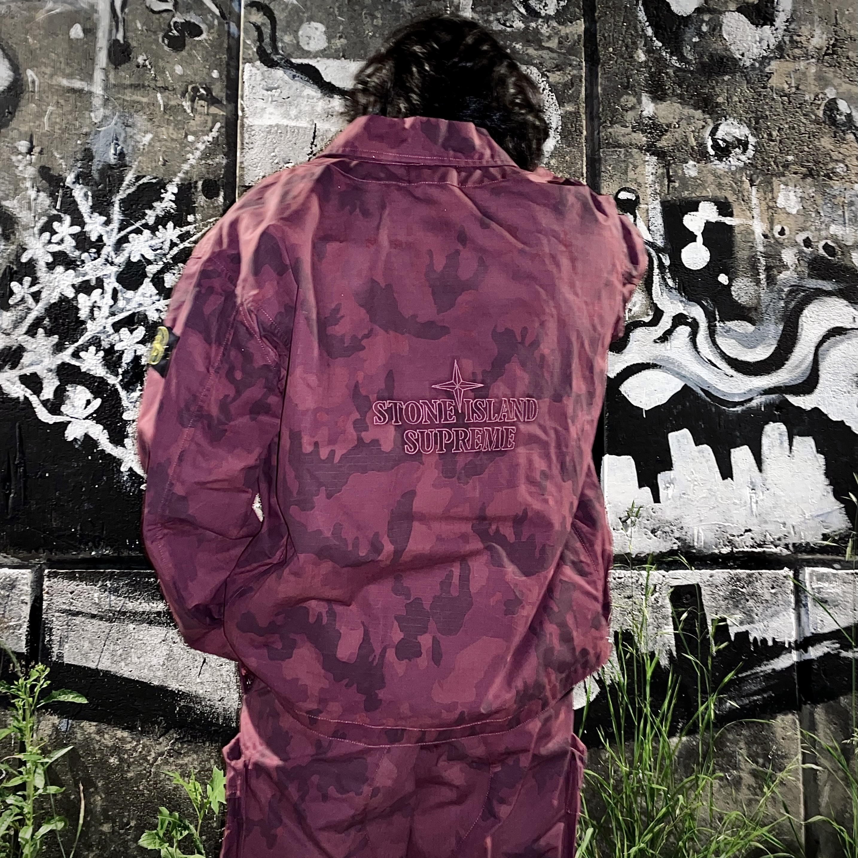 Supreme x Stone Island Reactive Ice Camo Ripstop Jacket Red - 22SS, Supreme x Stone Island Reactive Ice Camo Ripstop Cargo Pants Red - 22SS 착용 스타일 - 2