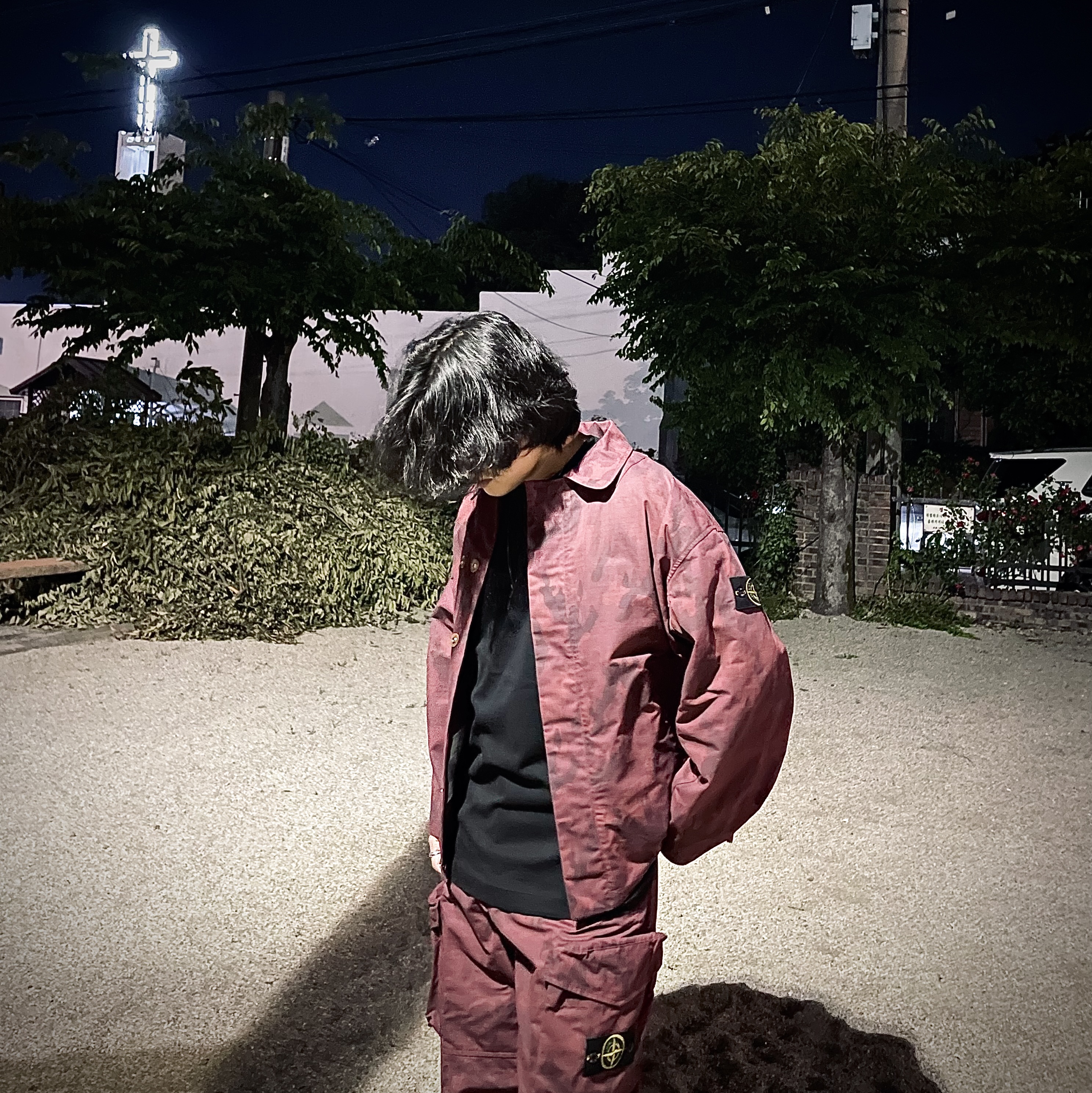 Supreme x Stone Island Reactive Ice Camo Ripstop Jacket Red - 22SS, Supreme x Stone Island Reactive Ice Camo Ripstop Cargo Pants Red - 22SS 착용 스타일 - 3
