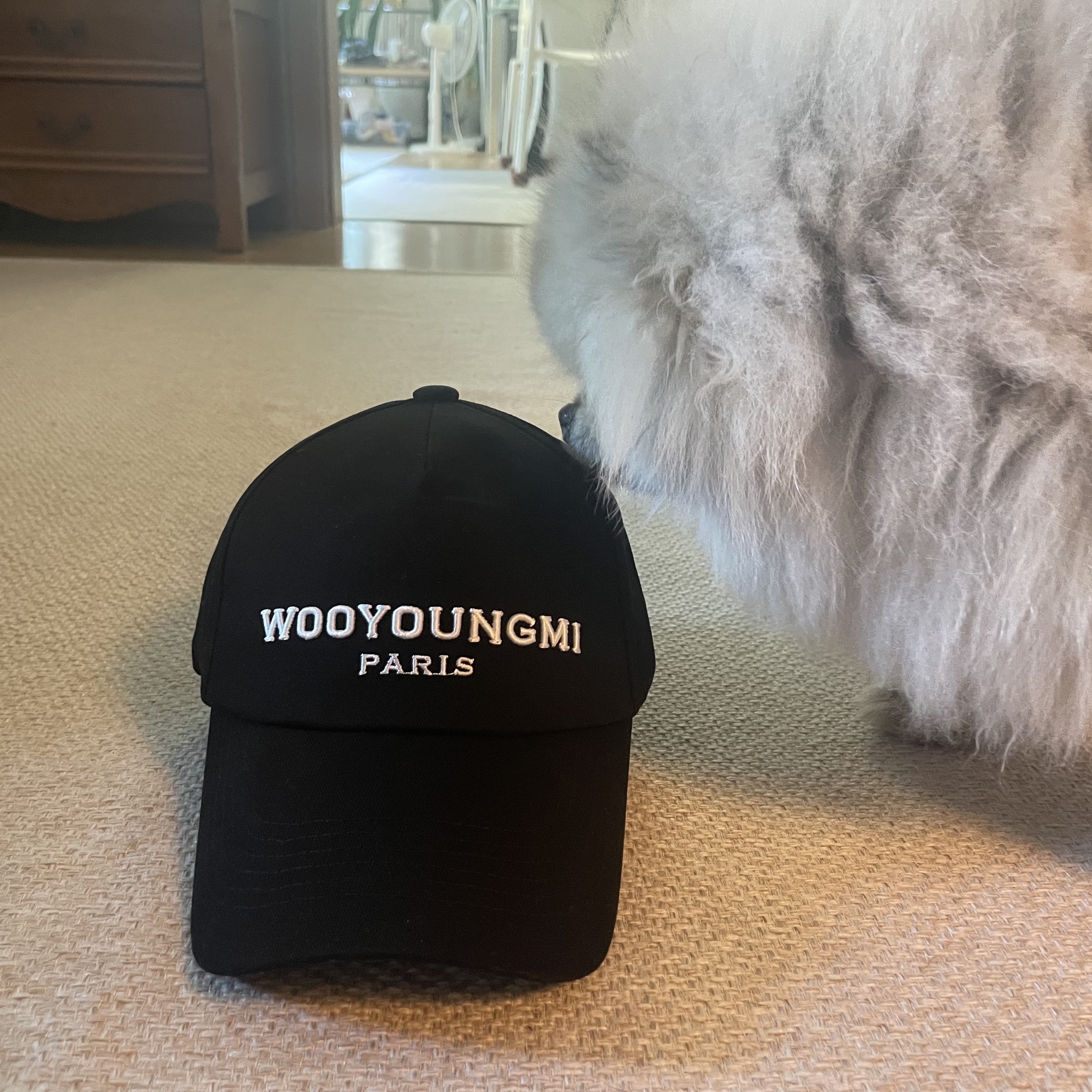 Wooyoungmi White Embroidered Logo Ball Cap Black 착용 스타일