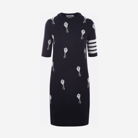 (W) 톰브라운 파인 메리노 울 사선 하프 드롭 스카이 아이콘 숏슬리브 드레스 네이비