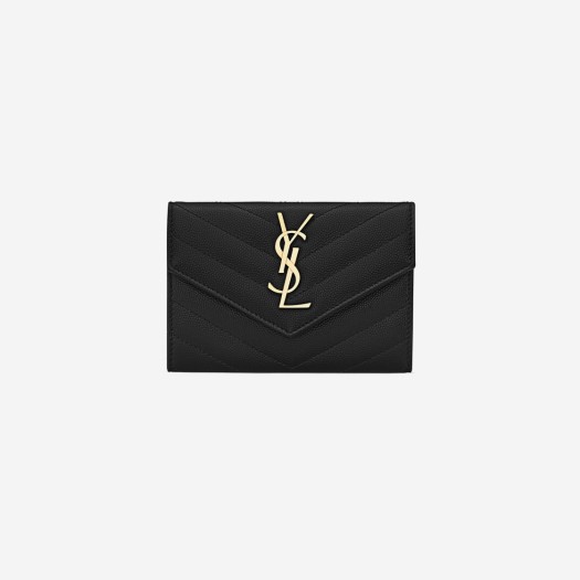 Saint Laurent Cassandre Matelasse Small Envelope Wallet in Grain de Poudre Embossed Leather Black Gold