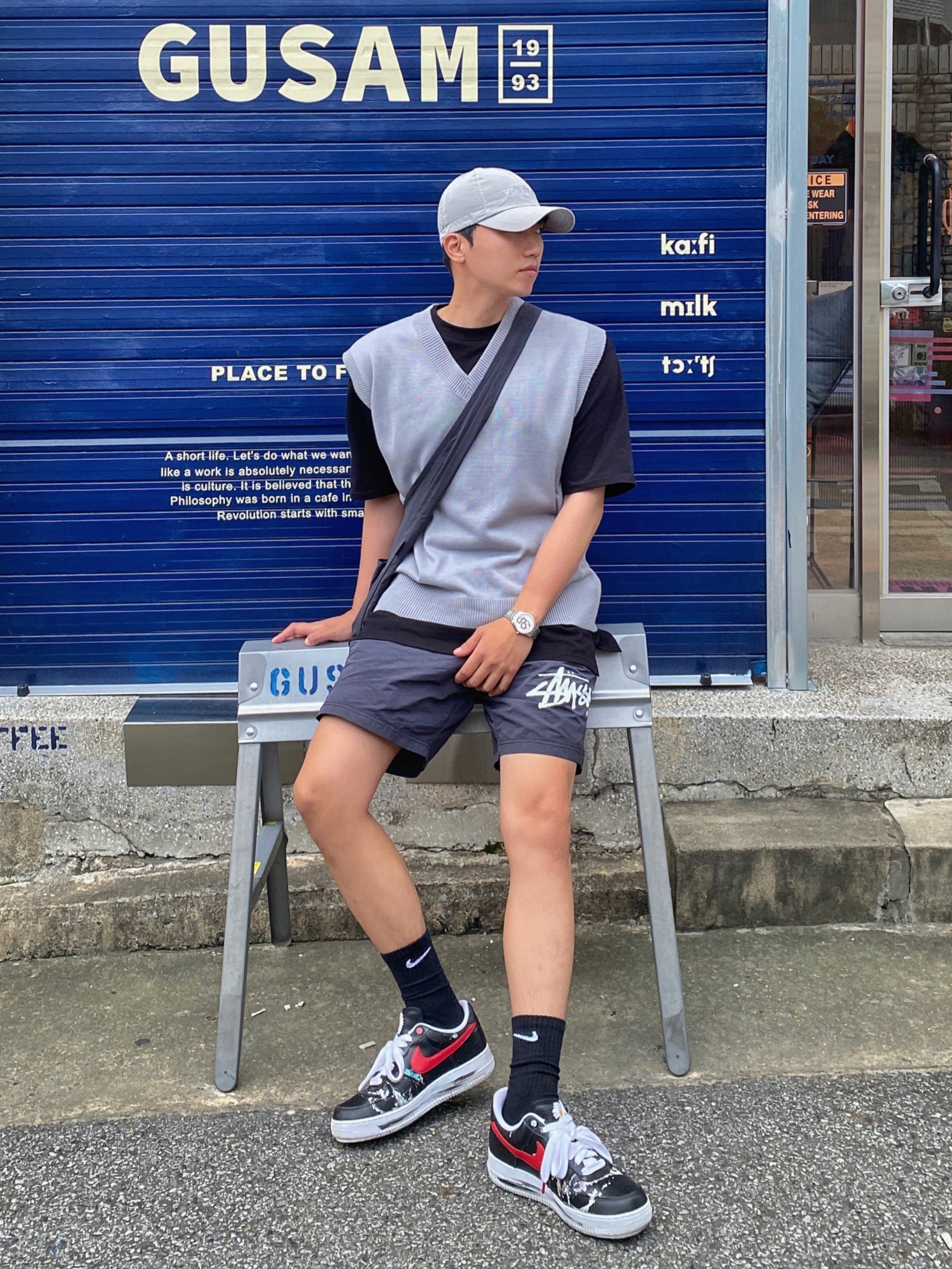 Nike x Stussy Water Shorts Off Noir, Nike x Peaceminusone Air Force 1 Low Para-Noise - Korea Exclusive 착용 스타일