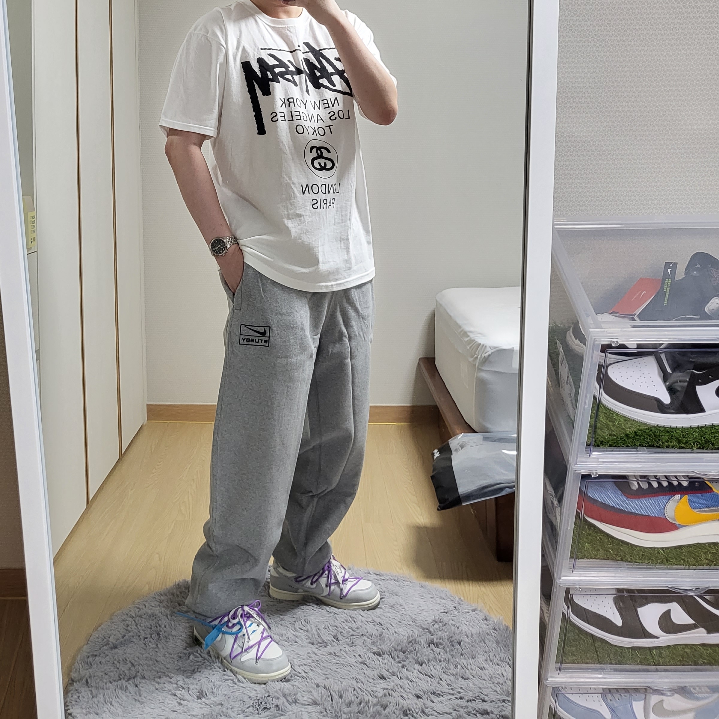 Nike x Stussy NRG RA Fleece Pants Dark Grey Heather (DJ9490-063), Nike x Off-White Dunk Low The 50 - Lot 47 착용 스타일