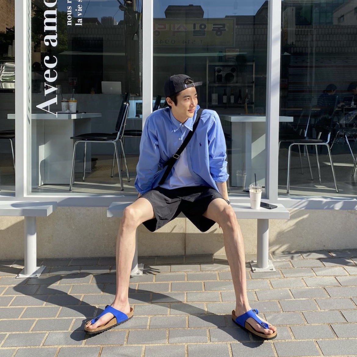 Birkenstock x Ader Error Gizeh Tech Ultra Blue 착용 스타일 - 2