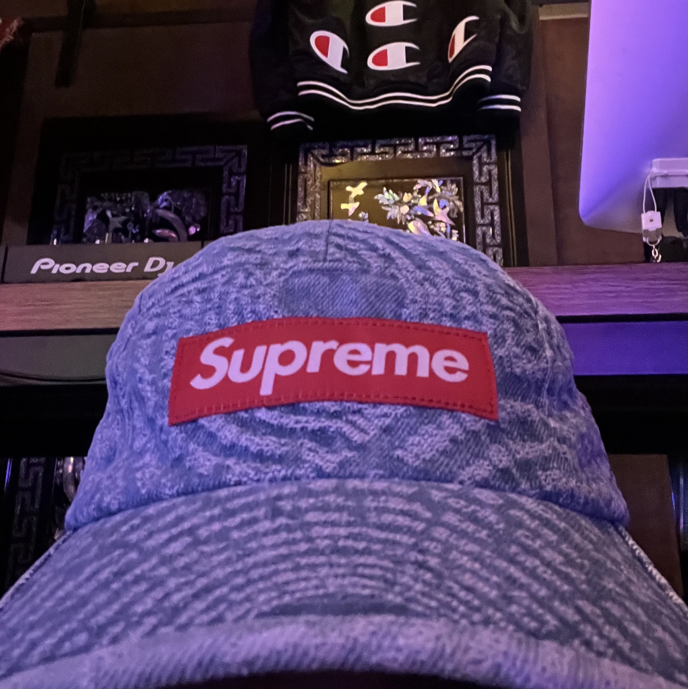 Supreme Circles Jacquard Denim Camp Cap Blue - 21FW 착용 스타일