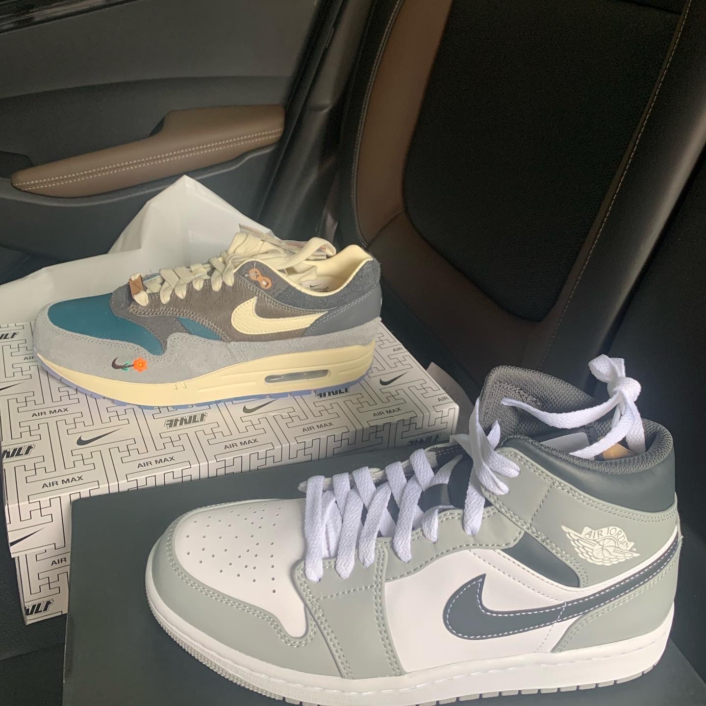 Nike x Kasina Air Max 1 SP Won-Ang Particle Grey, Jordan 1 Mid Light Smoke Grey Anthracite 착용 스타일