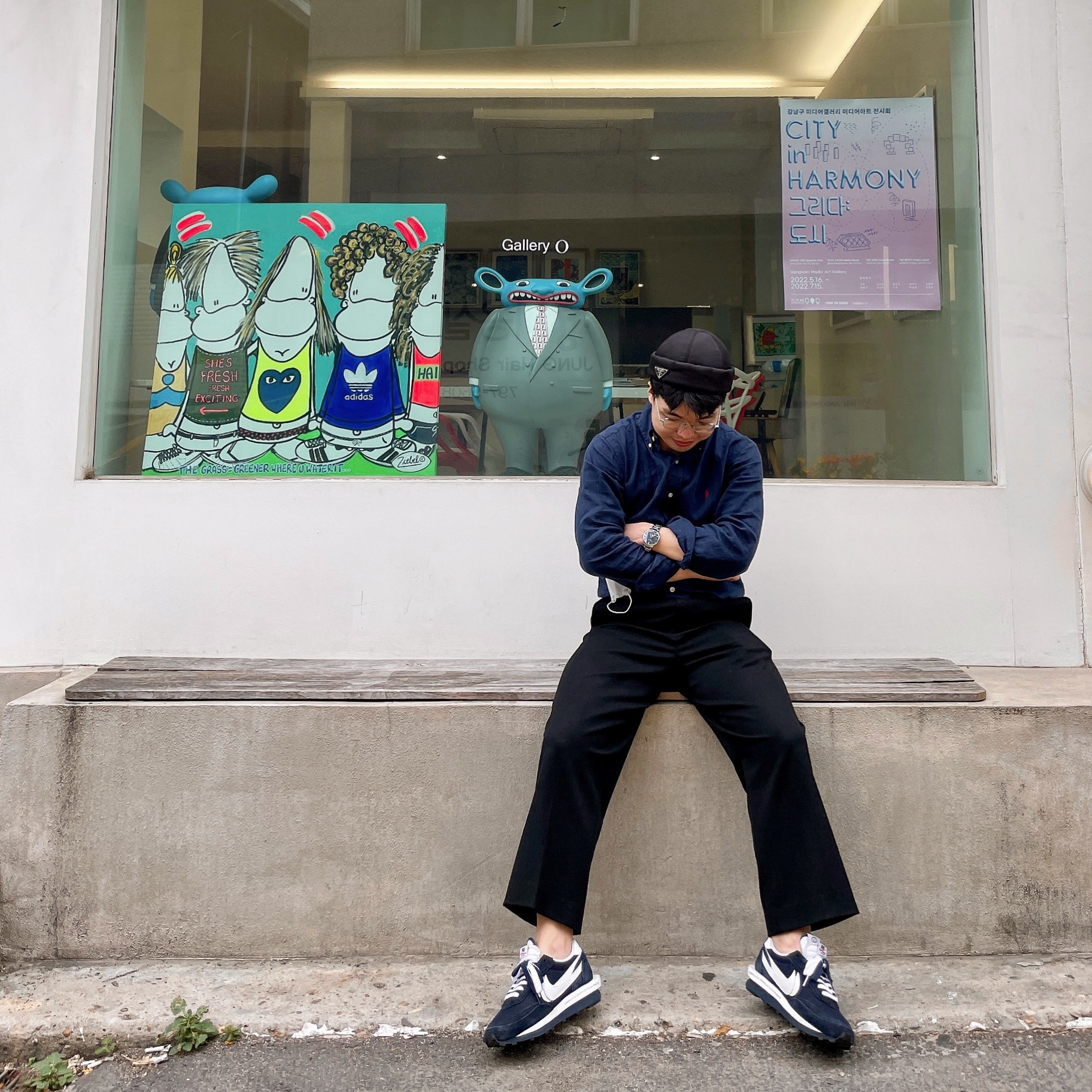 Nike x Sacai x Fragment LDWaffle Blackened Blue 착용 스타일 - 1