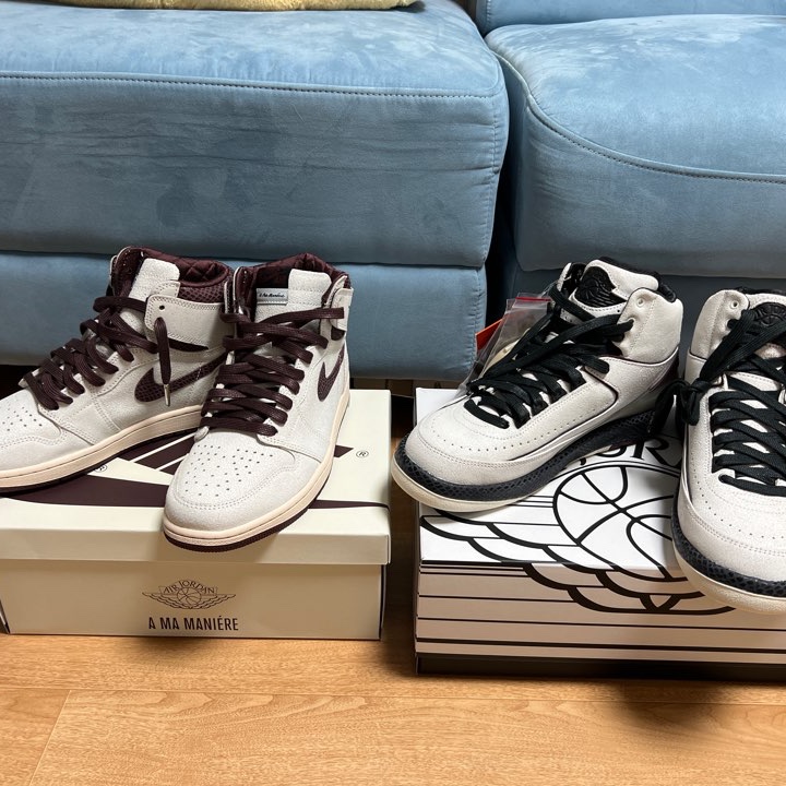 Jordan 2 x A Ma Maniere Retro SP Sail and Burgundy, Jordan 1 x A Ma Maniere Retro High OG SP Sail and Burgundy 착용 스타일 - 1