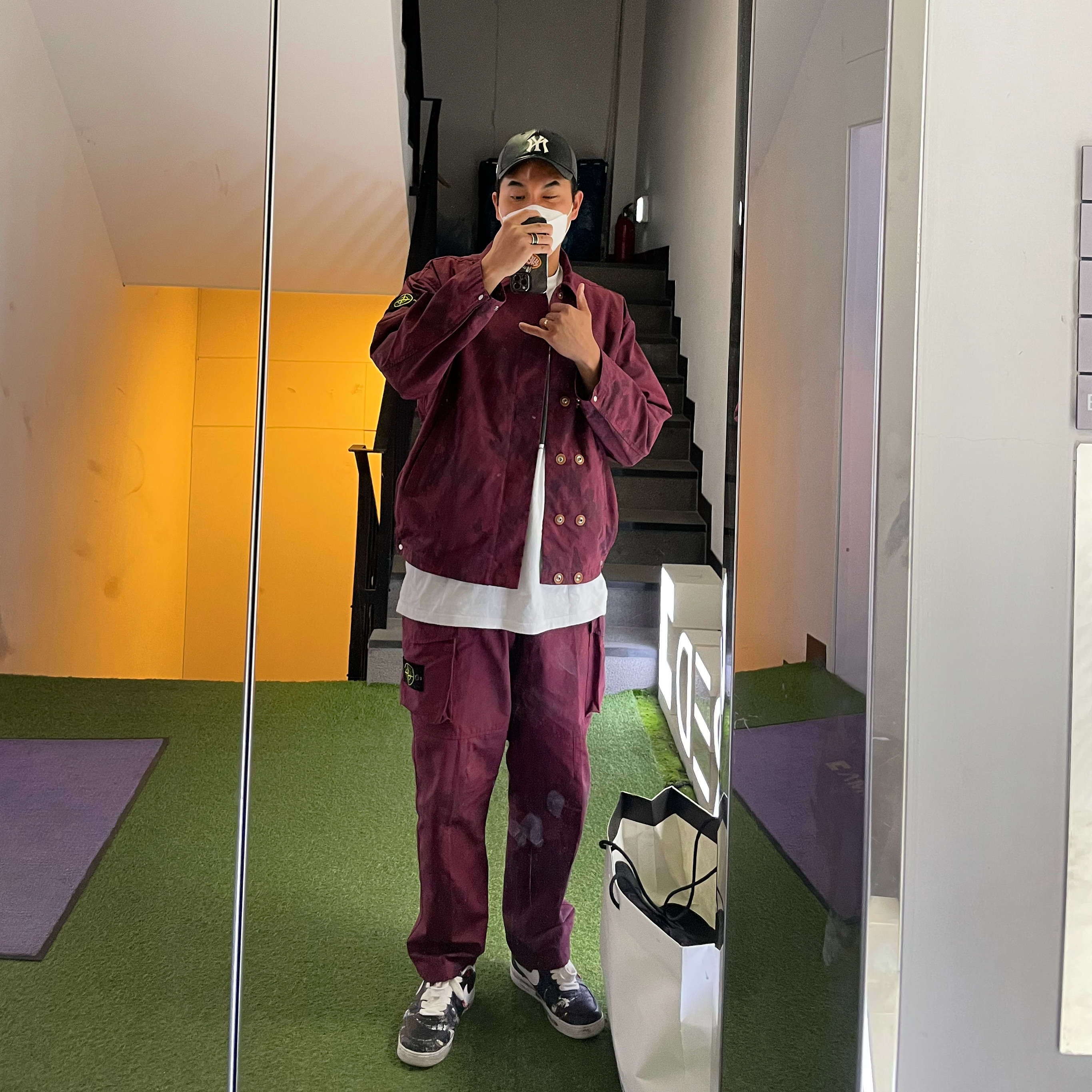 Supreme x Stone Island Reactive Ice Camo Ripstop Jacket Red - 22SS, Supreme x Stone Island Reactive Ice Camo Ripstop Cargo Pants Red - 22SS 착용 스타일