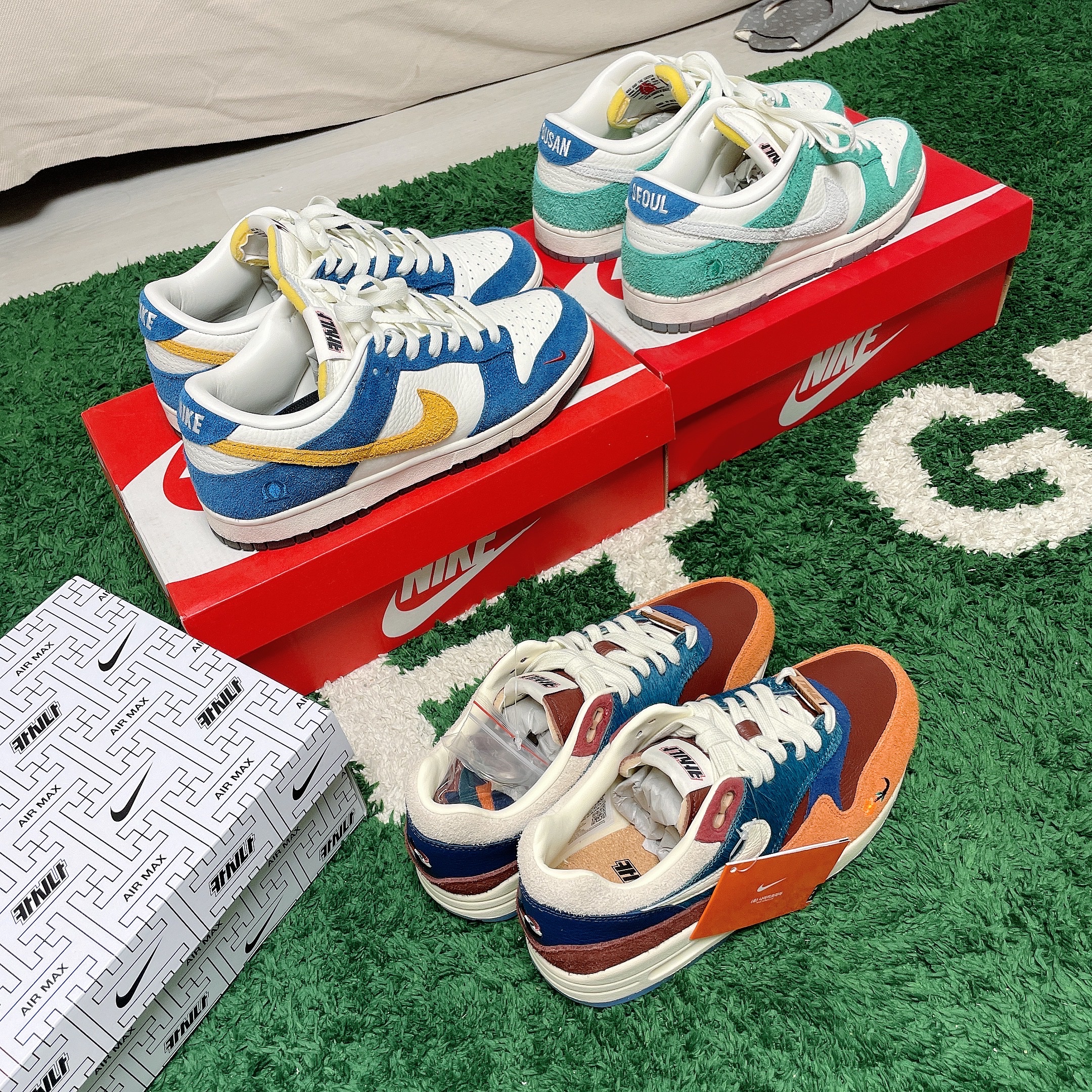 Nike x Kasina Air Max 1 SP Won-Ang Orange, Nike x Kasina Dunk Low 80's Bus 착용 스타일