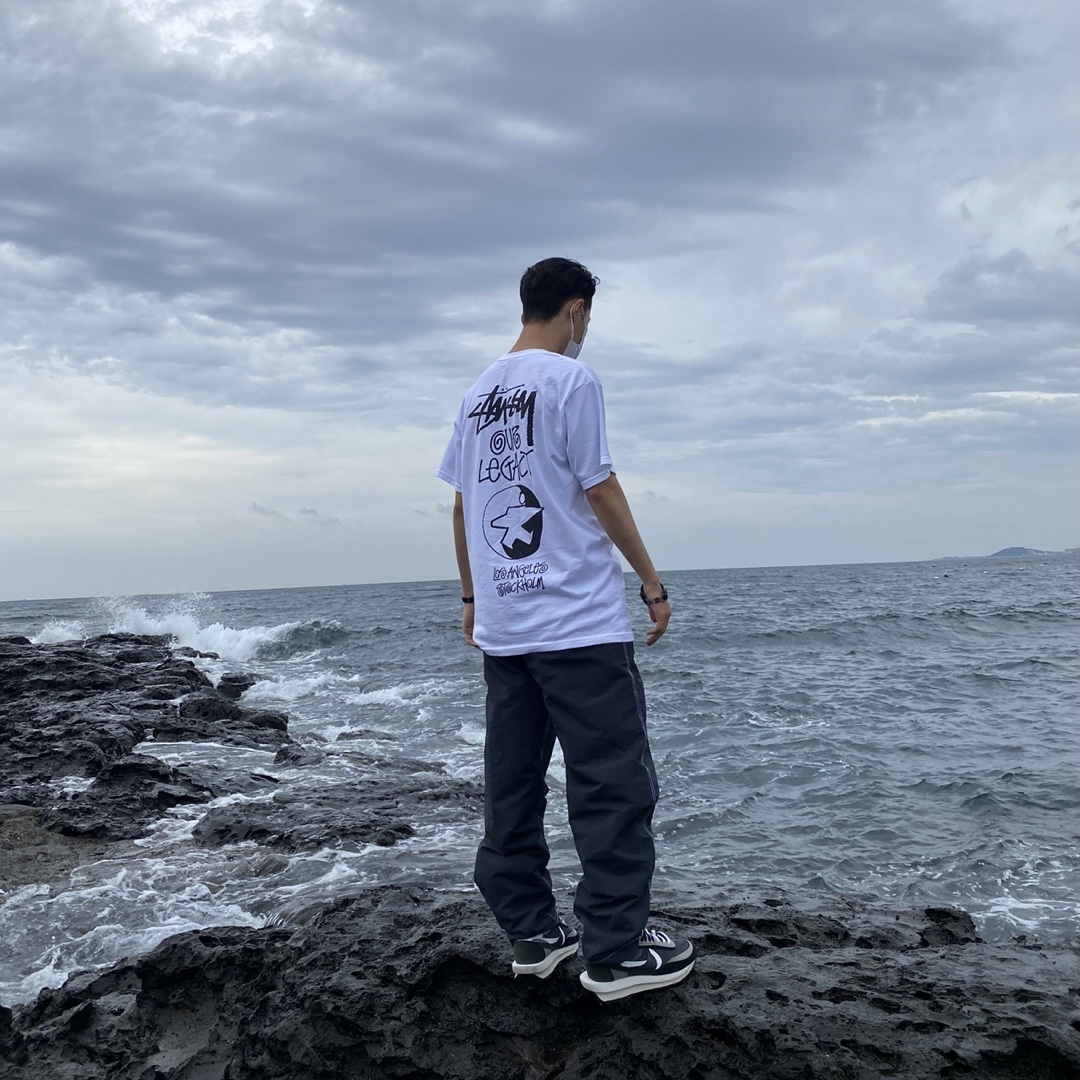 Nike x Sacai LDWaffle Black, Stussy Nylon Folsom Beach Pants Black 착용 스타일