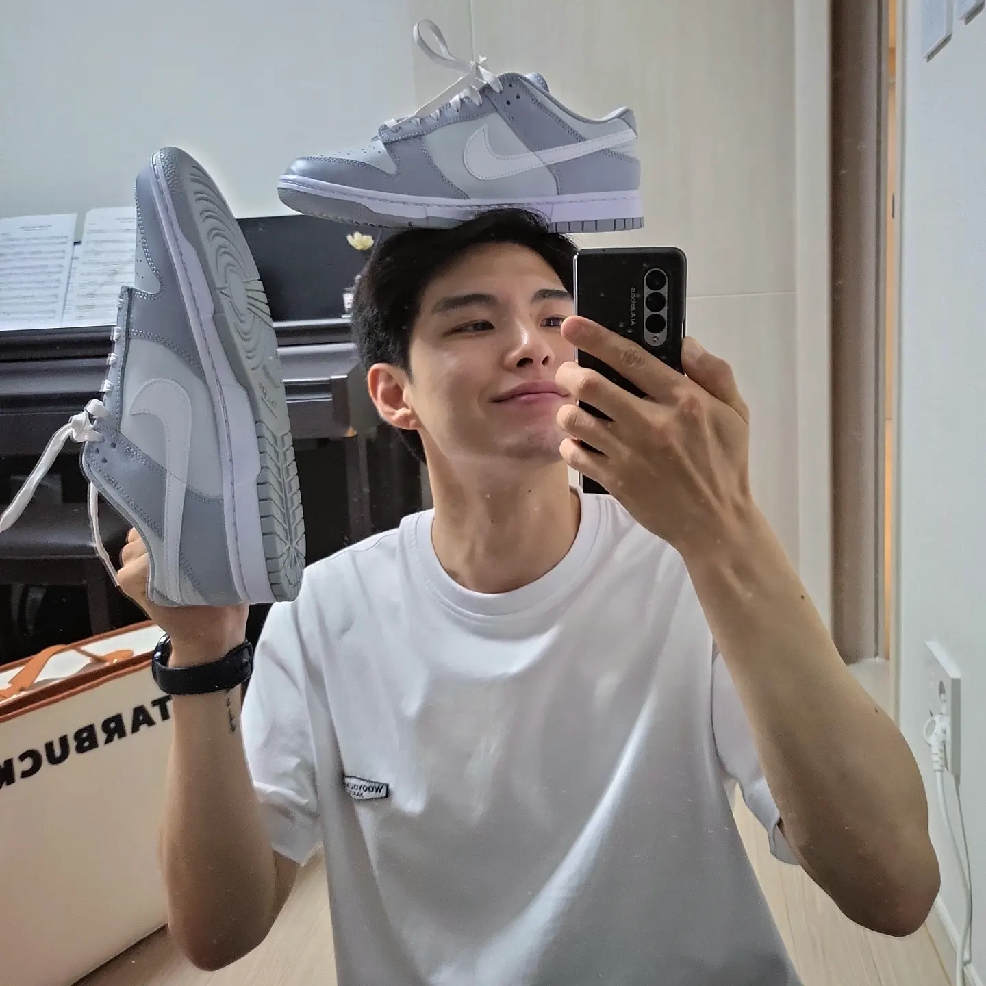 Nike Dunk Low Retro Wolf Grey, Wooyoungmi Black Back Logo T-Shirt White - 22SS 착용 스타일 - 5