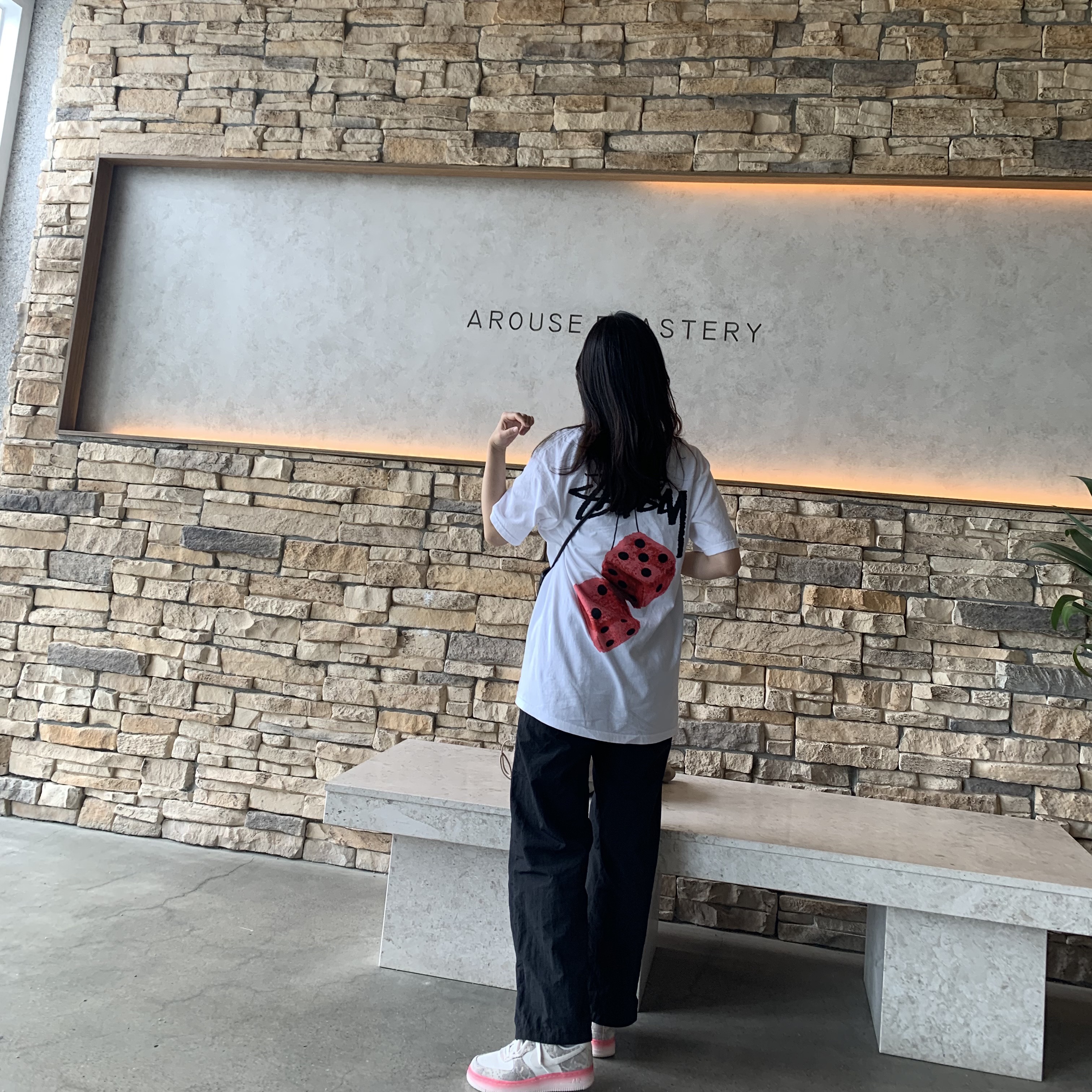 (W) Nike Air Force 1 '07 LX Our Force 1, Stussy Fuzzy Dice T-Shirt White 착용 스타일 - 2