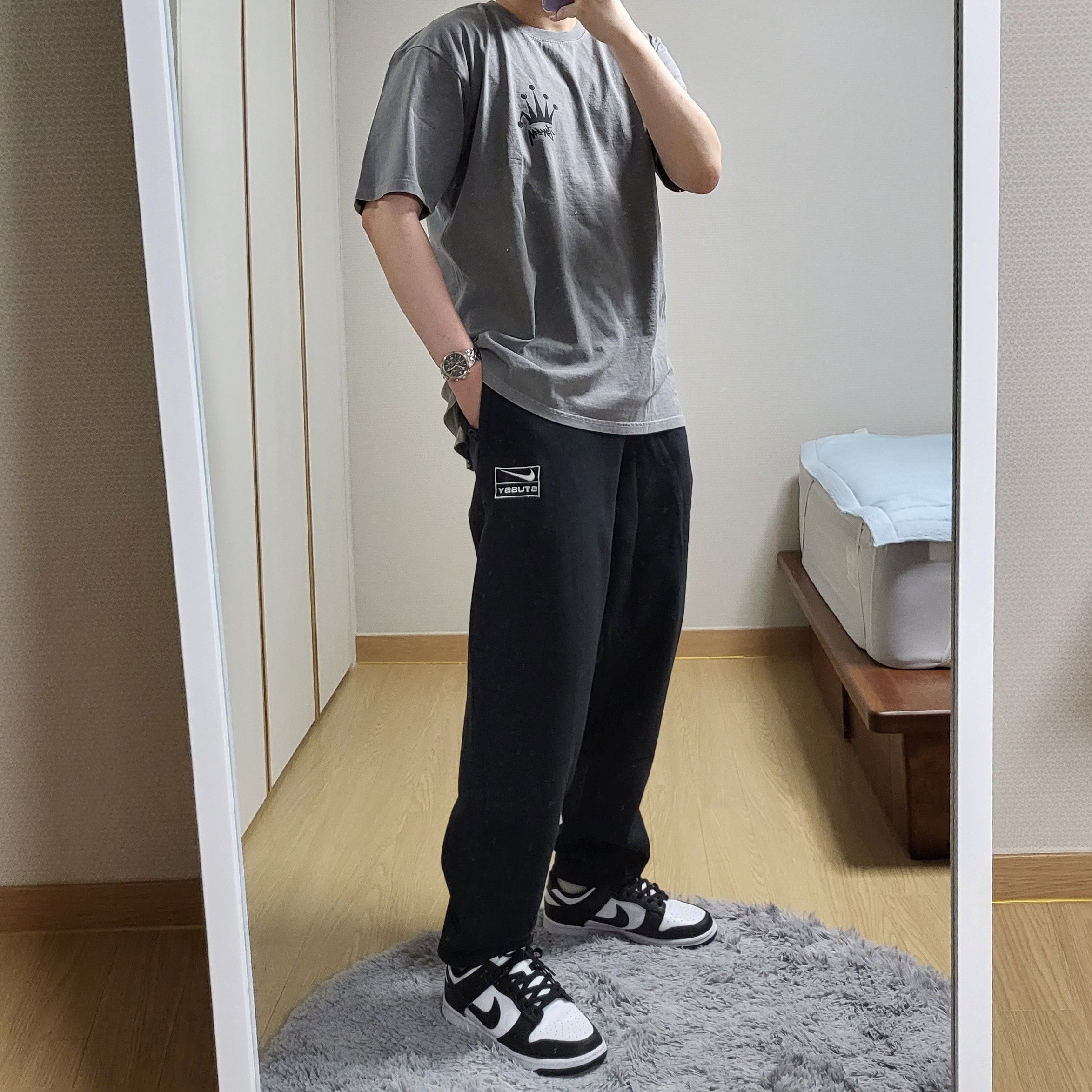 Nike Dunk Low Retro Black, Nike x Stussy NRG RA Washed Fleece Pants Black (DN4030-010) 착용 스타일