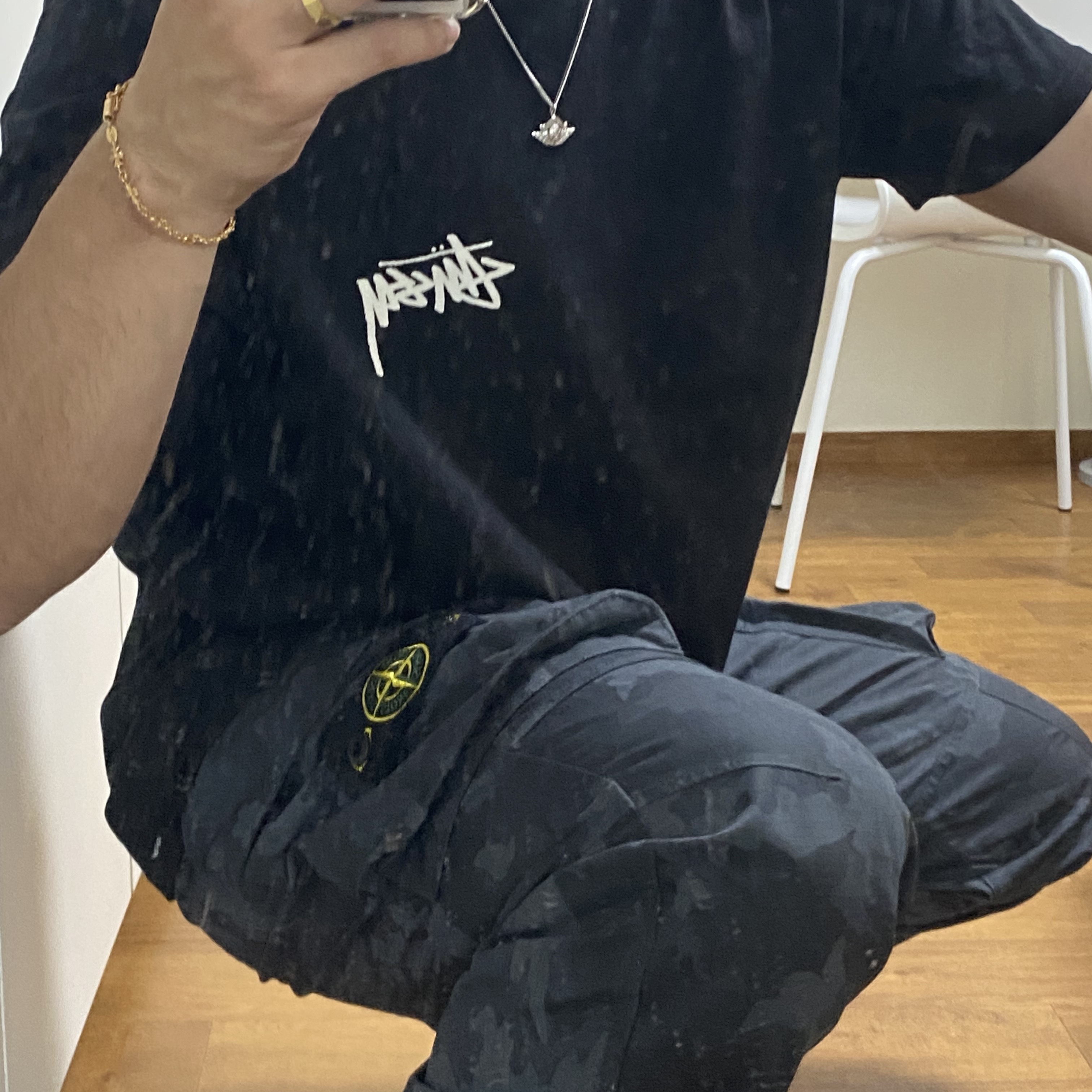 Supreme x Stone Island Reactive Ice Camo Ripstop Cargo Pants Black - 22SS, Supreme x Stone Island Reactive Ice Camo Ripstop Cargo Pants Tan - 22SS 착용 스타일 - 1