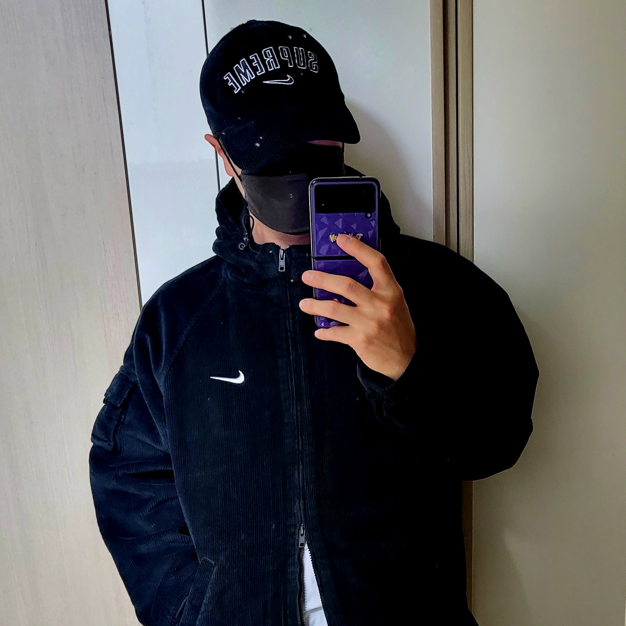 Supreme x Nike Arc Corduroy Hooded Jacket Black - 22SS, Supreme x Nike Arc Corduroy 6-Panel Black - 22SS 착용 스타일 - 4