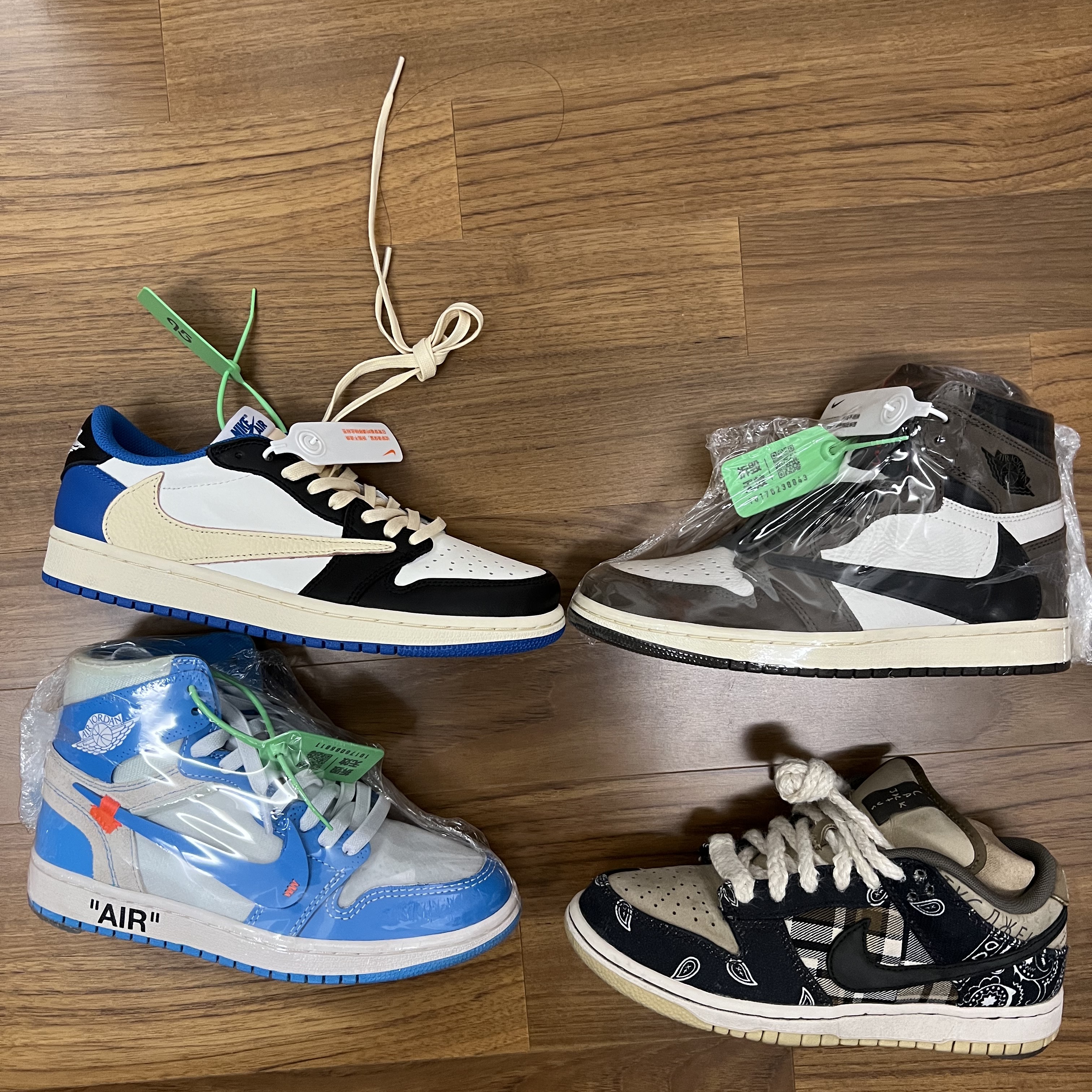 Jordan 1 x Travis Scott x Fragment Retro Low OG SP Military Blue, Jordan 1 x Travis Scott Retro High OG SP Mocha 착용 스타일