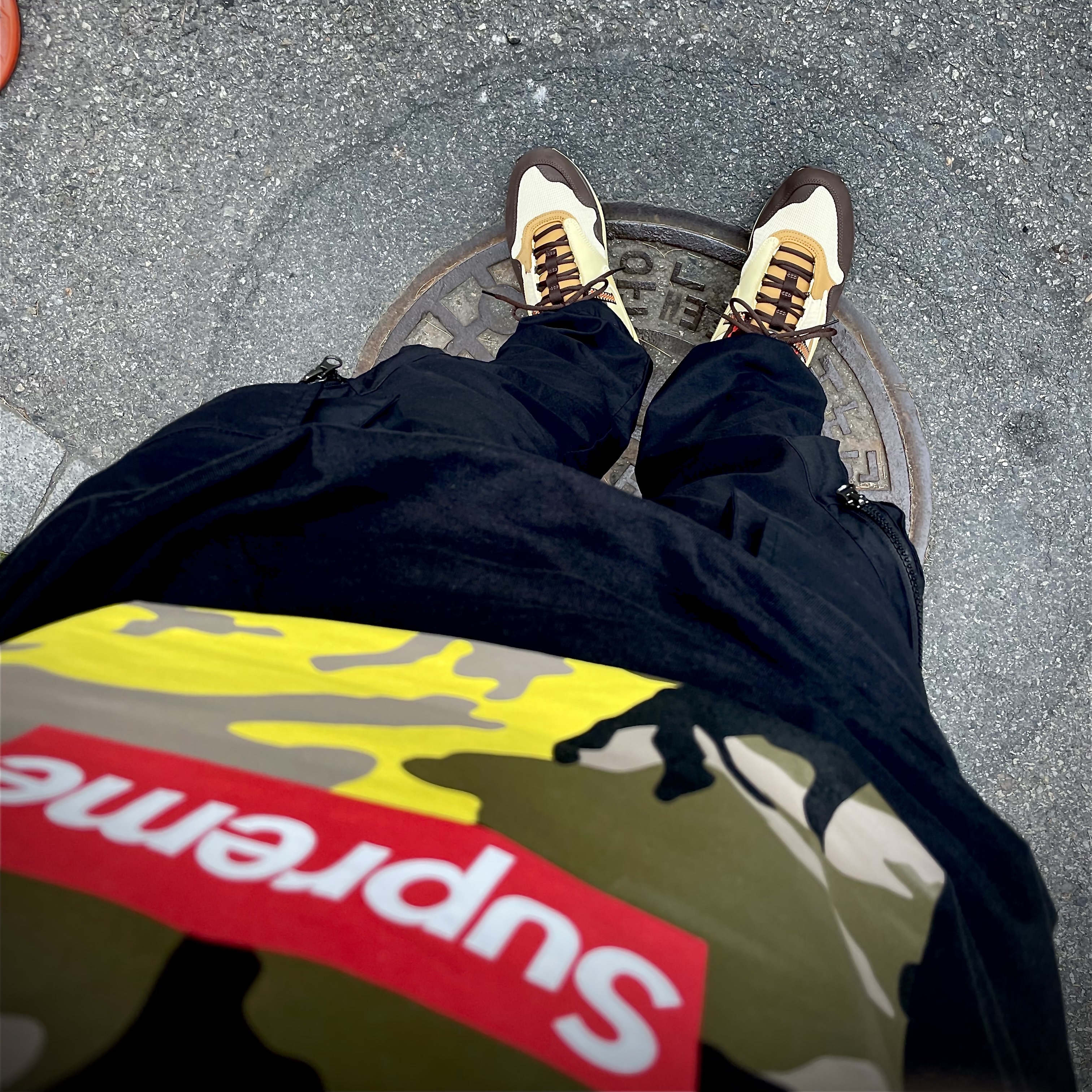 Nike x Travis Scott Air Max 1 Cact.us Brown, Supreme Wheaties T-Shirt Black - 21SS 착용 스타일 - 2