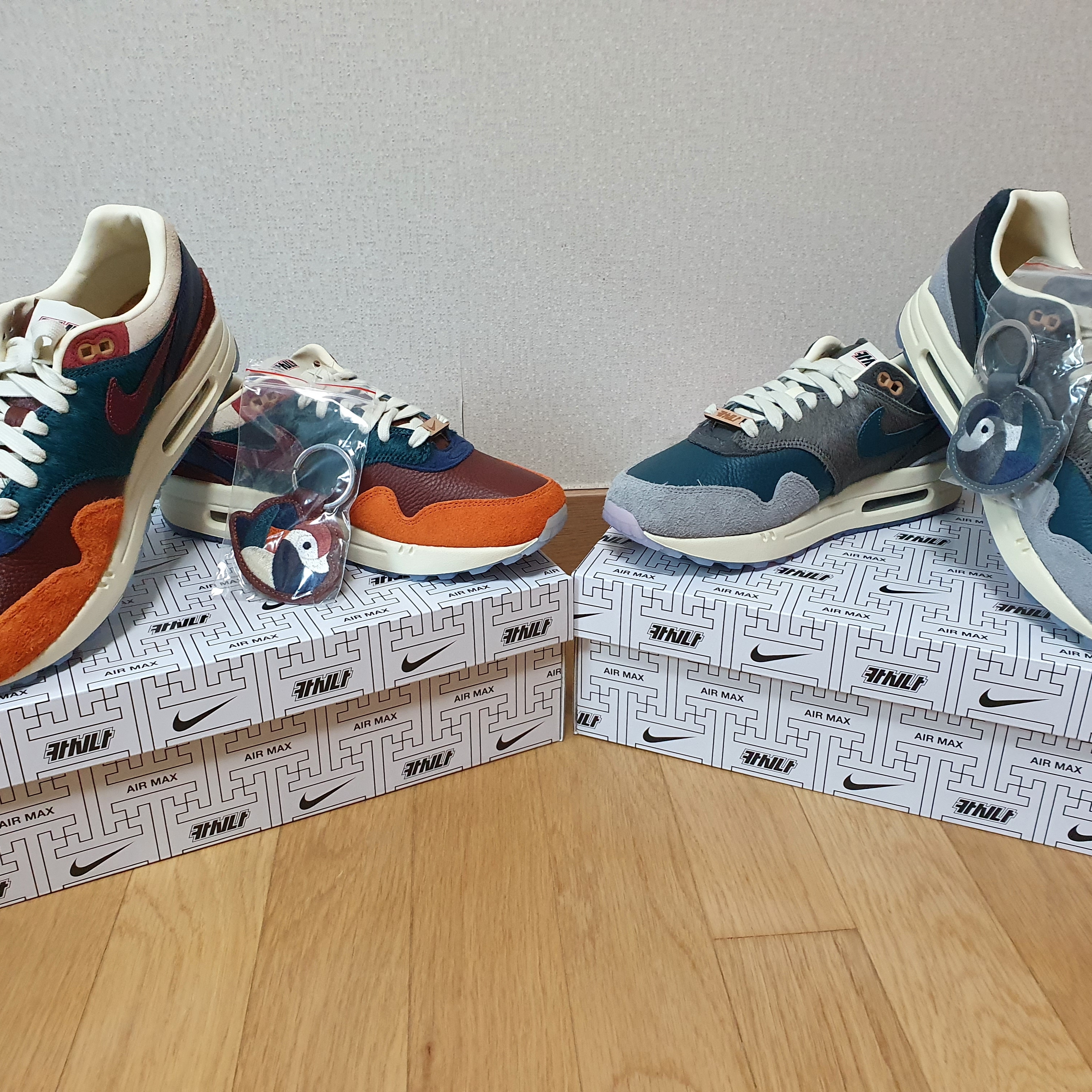 Nike x Kasina Air Max 1 SP Won-Ang Orange, Nike x Kasina Air Max 1 SP Won-Ang Particle Grey 착용 스타일