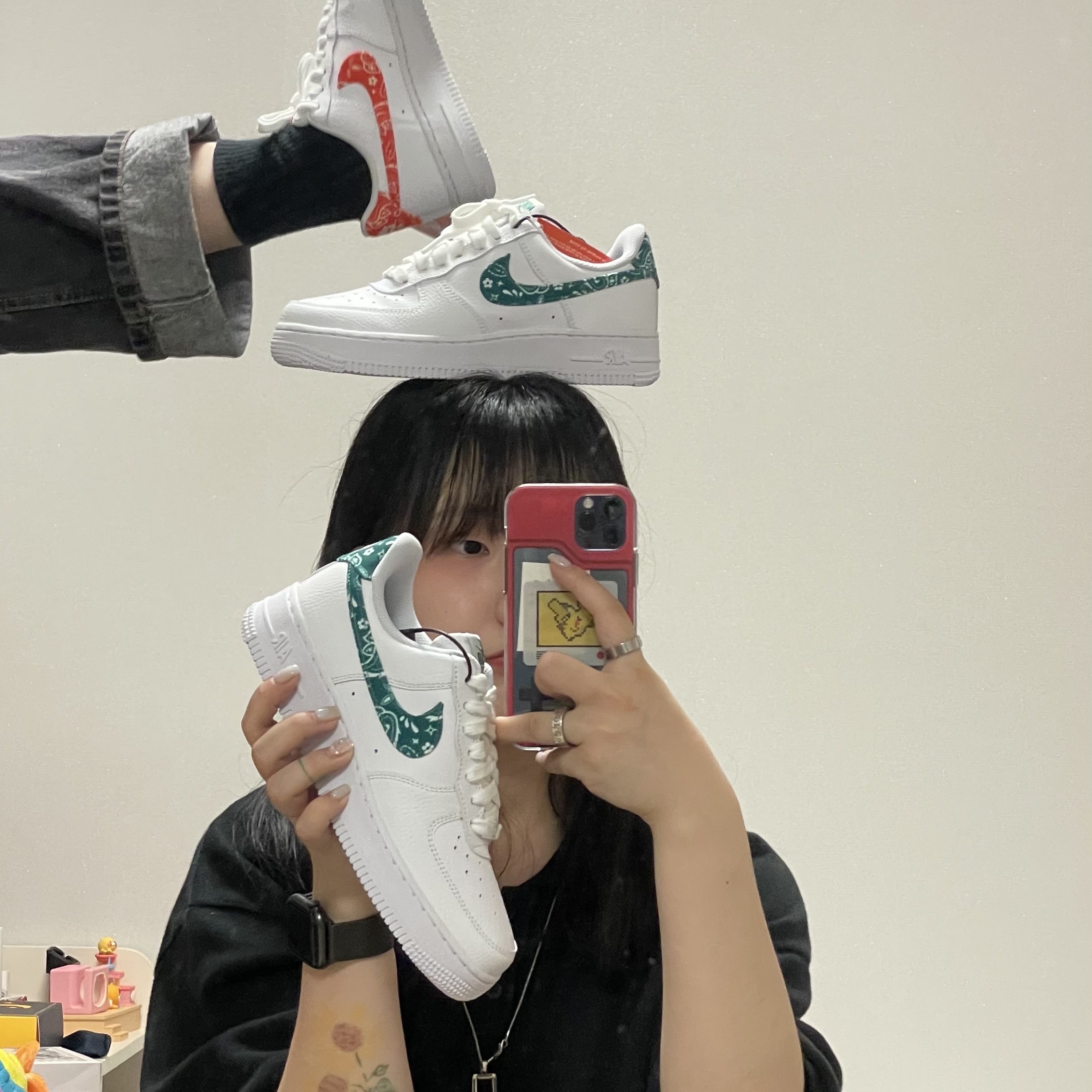 (W) Nike Air Force 1 '07 Essential Paisley Swoosh White Malachite, (W) Nike Air Force 1 '07 Low Orange Paisley 착용 스타일 - 2