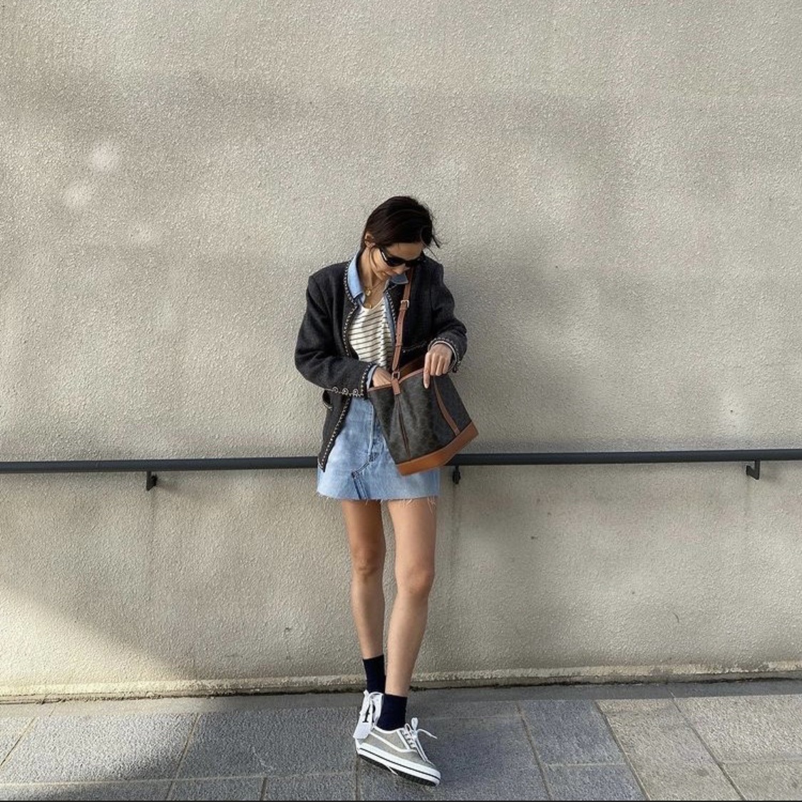 Celine Medium Bucket in Triomphe Canvas and Calfskin Tan 착용 스타일 - 1