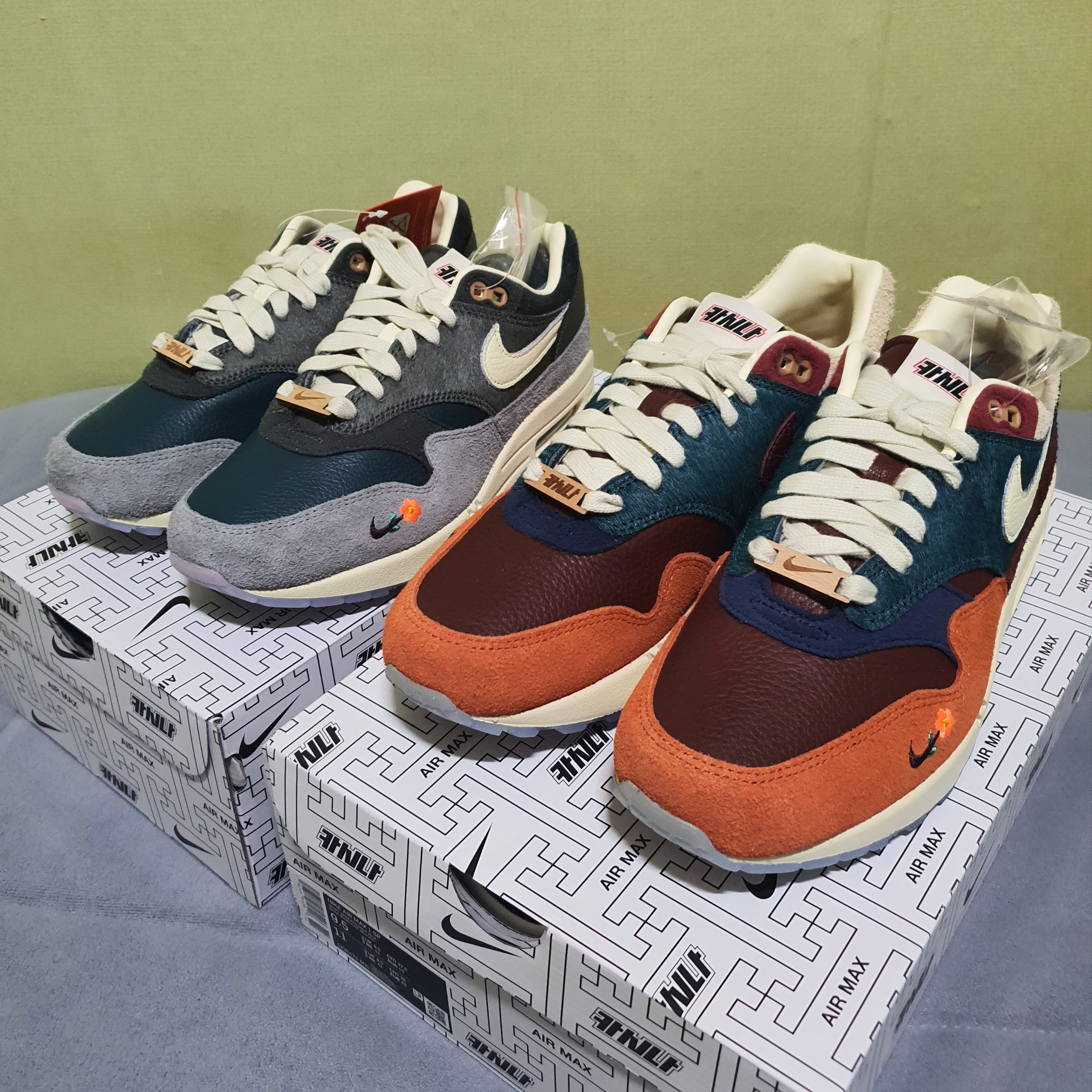 Nike x Kasina Air Max 1 SP Won-Ang Orange, Nike x Kasina Air Max 1 SP Won-Ang Particle Grey 착용 스타일