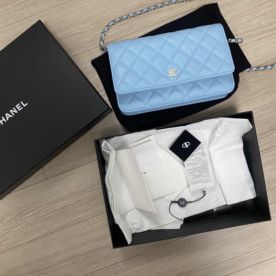 Chanel Classic Wallet On Chain Grained Calfskin & Gold Light Blue 착용 스타일 - 4