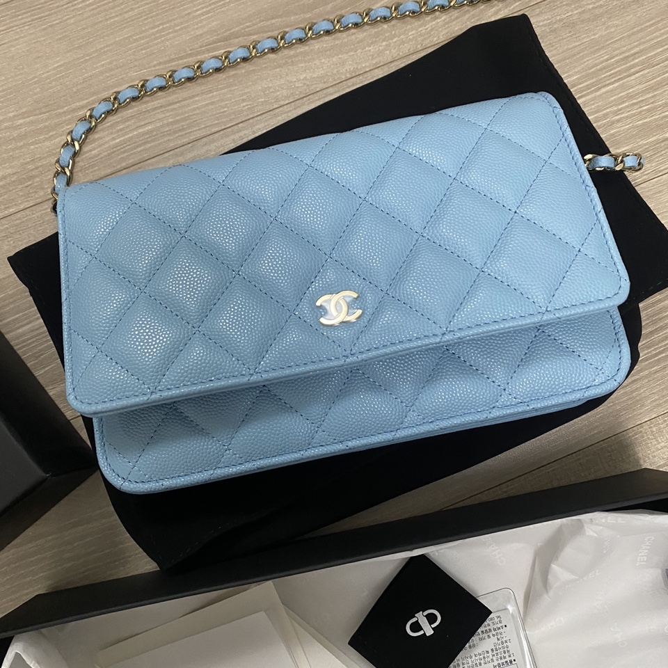 Chanel Classic Wallet On Chain Grained Calfskin & Gold Light Blue 착용 스타일 - 1